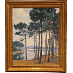 Antique Early 20th Century Oil Painting in Gilt Frame "Les Pins Bleus" Signed P. Rigaud