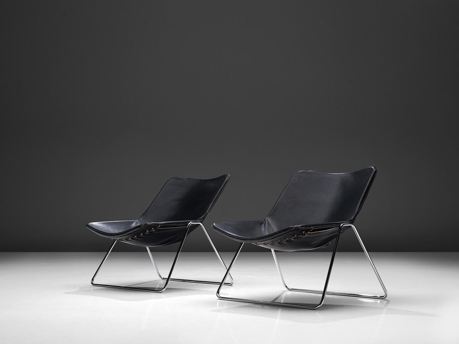 Mid-Century Modern Pierre Gauriche Pair of 'G1' Lounge Chairs in Black Leather