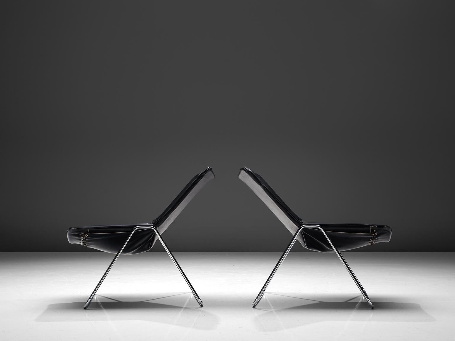 French Pierre Gauriche Pair of 'G1' Lounge Chairs in Black Leather