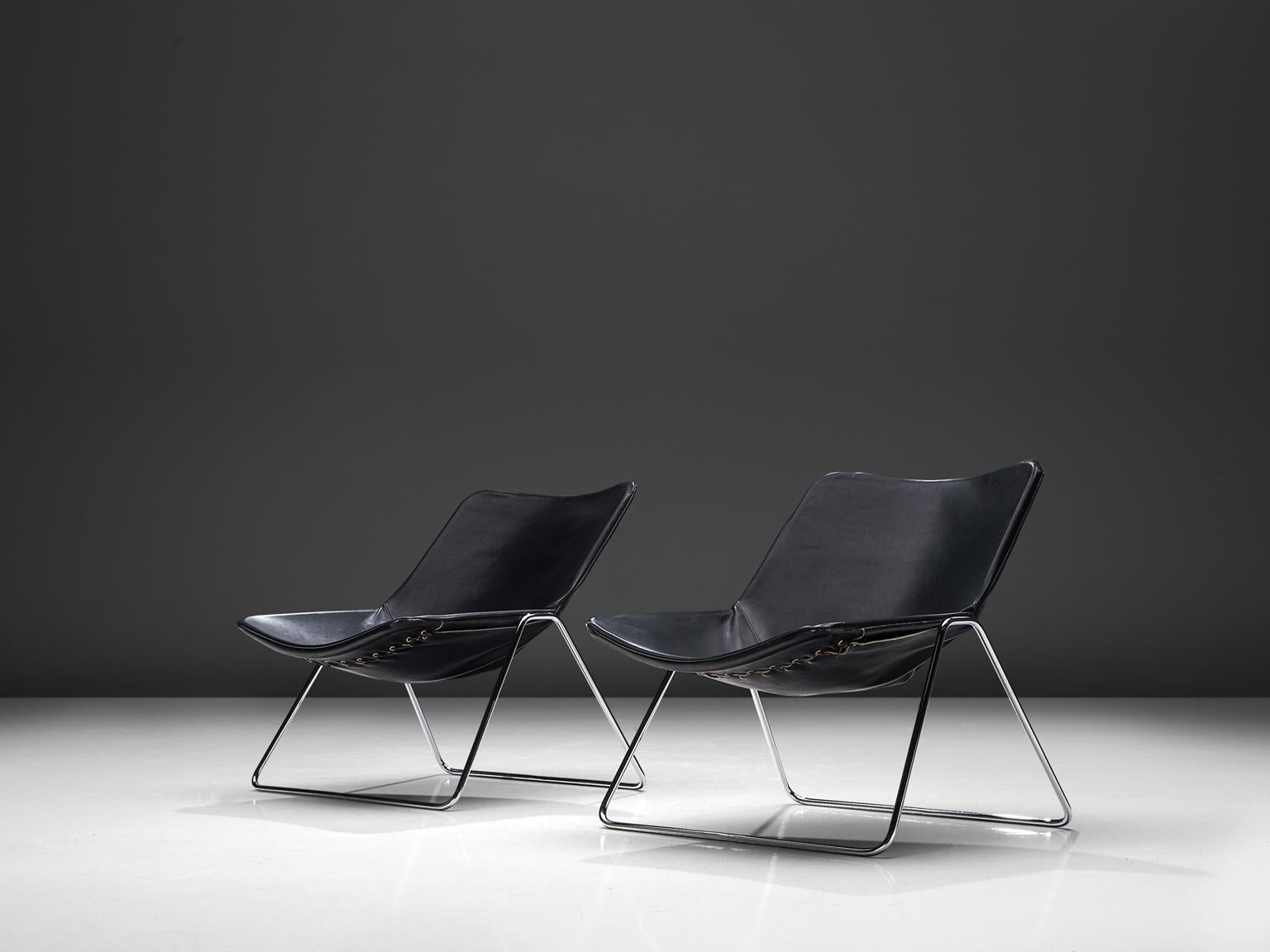 Pierre Gauriche Pair of 'G1' Lounge Chairs in Black Leather In Good Condition In Waalwijk, NL