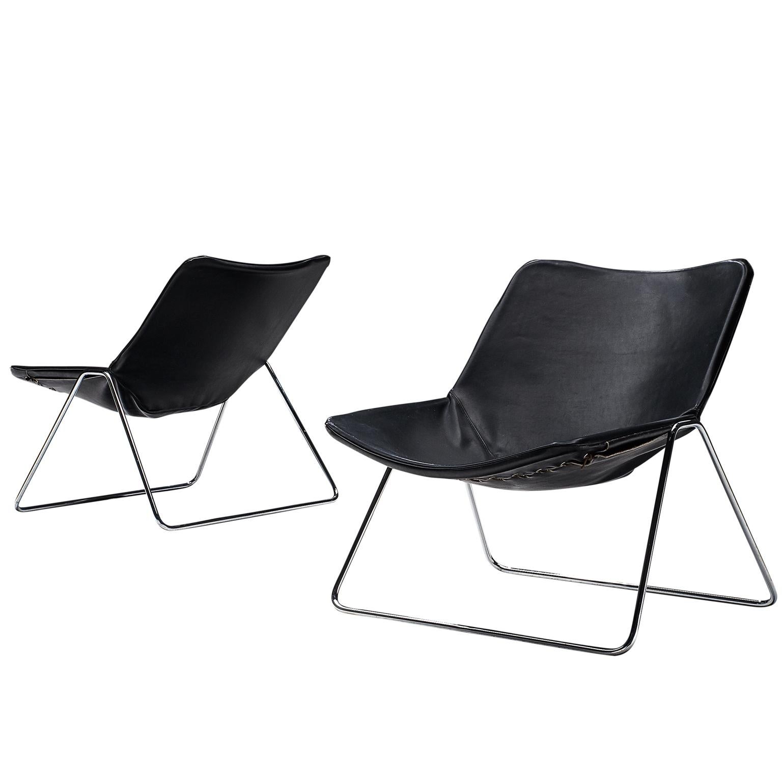 Pierre Gauriche Pair of 'G1' Lounge Chairs in Black Leather