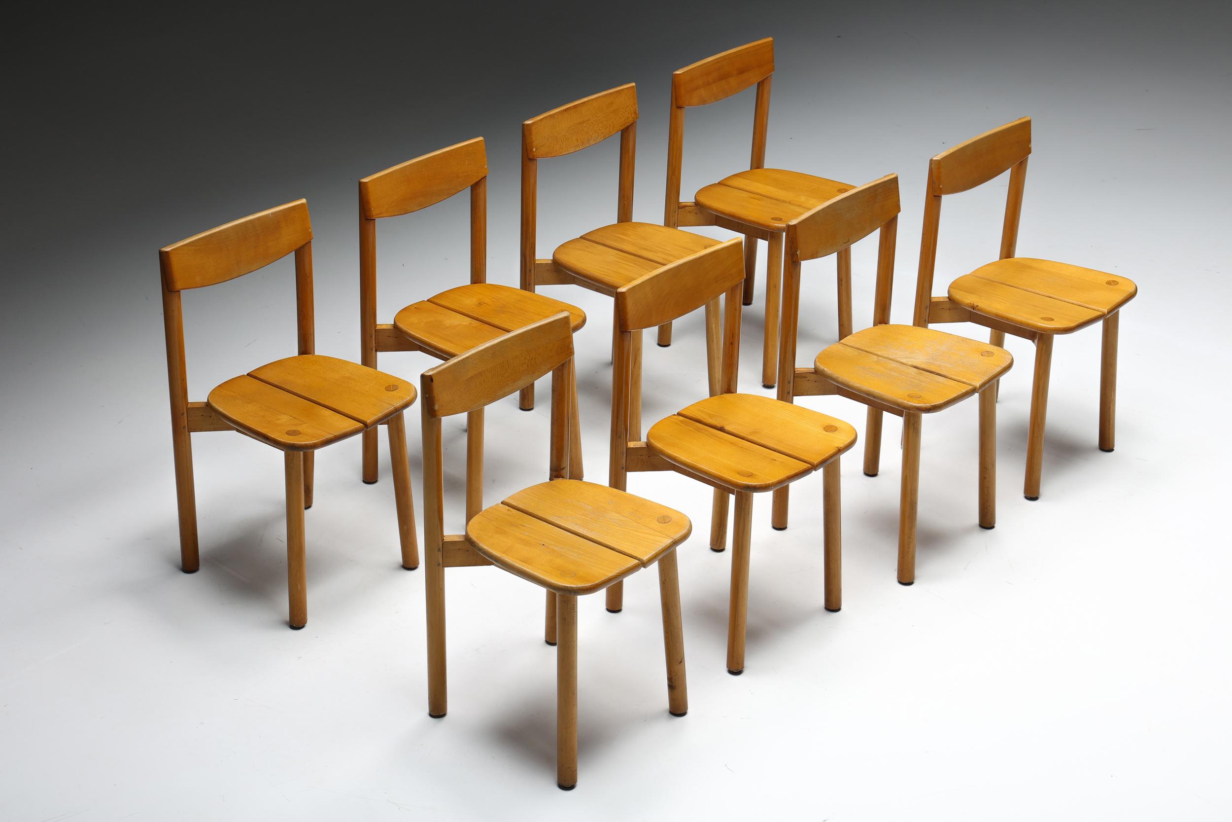 Pierre Gautier Delaye; Esszimmerstühle; Essecke; 1960er Jahre; Buchenholz gebeizt; Mid-Century Modern; Stuhl; Kaffeebohne; Frankreich; Französisches Design; 

Stühle 