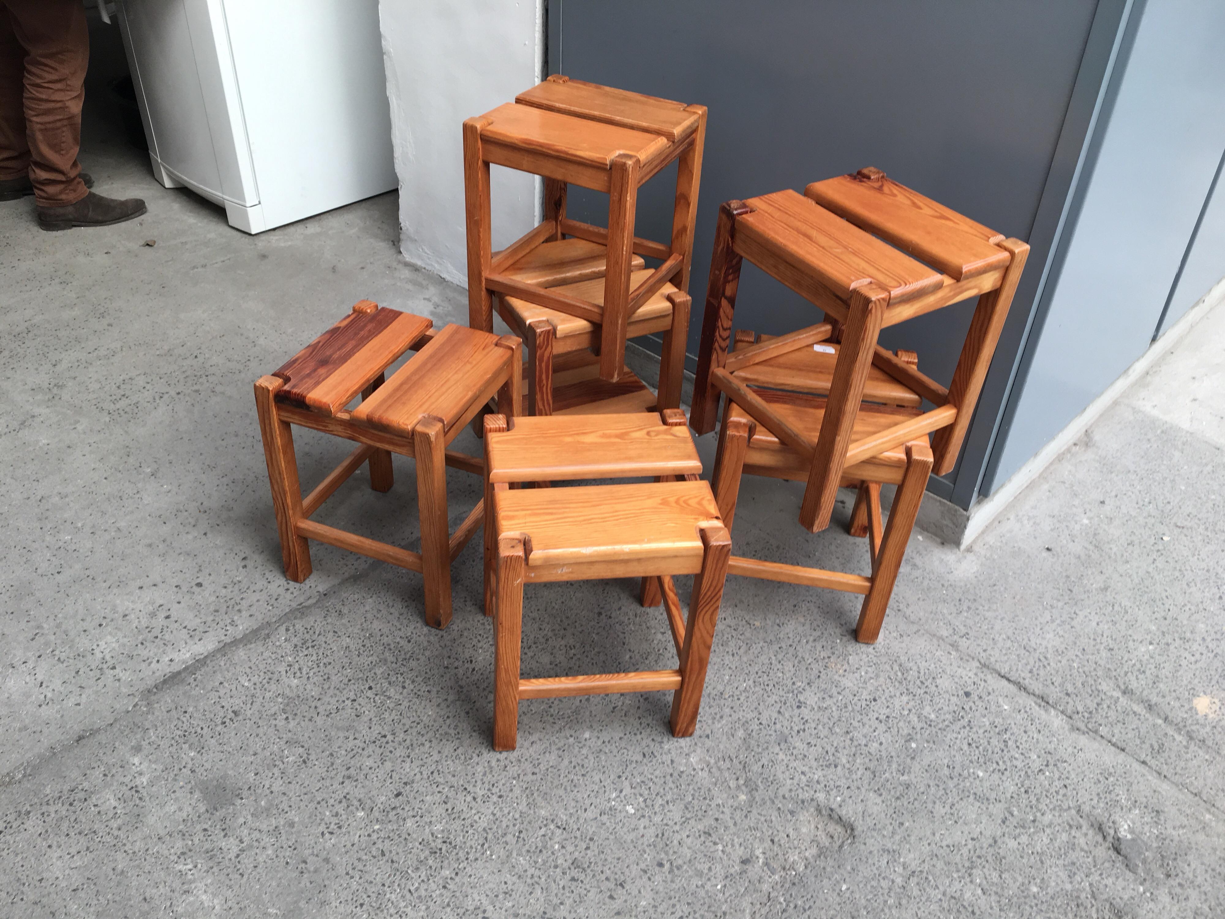 French Pierre Gautier-Delaye, Six Stools in Pine, circa 1956 For Sale