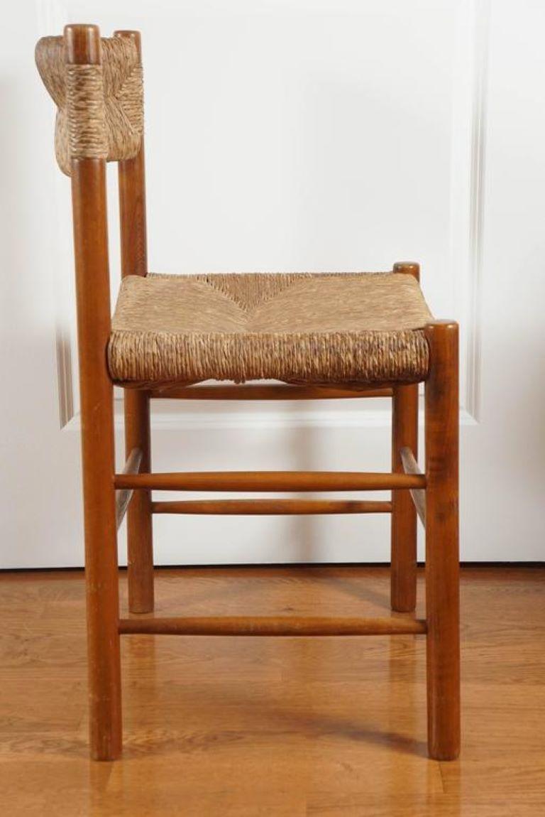 French mid-century charming oak and rush seat dining chair by French designer Pierre Gautier-Delaye