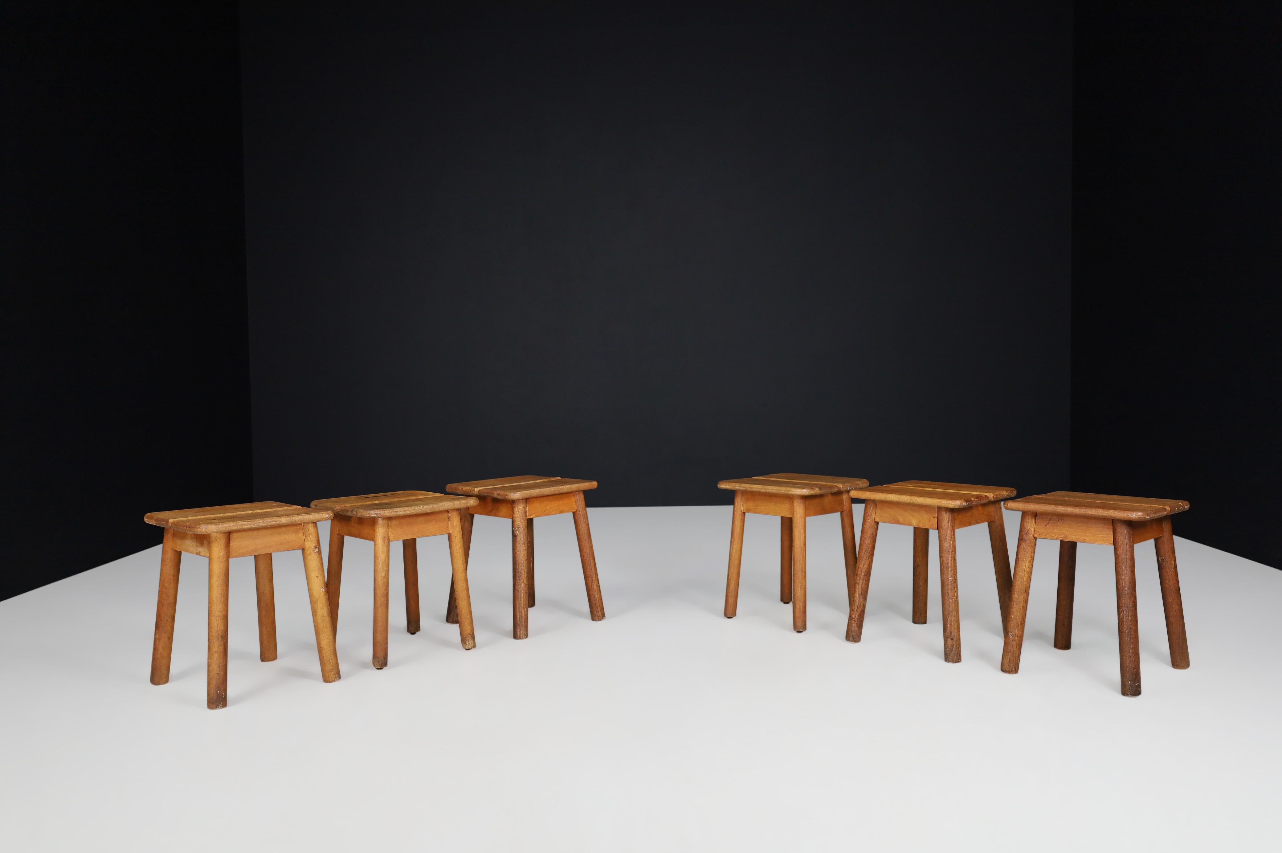 Pierre Gautier Solid Beech Tabourets, France 1960s

Pierre Gautier designed these stools- in the 1960s for the publisher Vergneres. These subtle and modest stools are executed in stained beechwood. Characteristics of these Tabourets are the nice