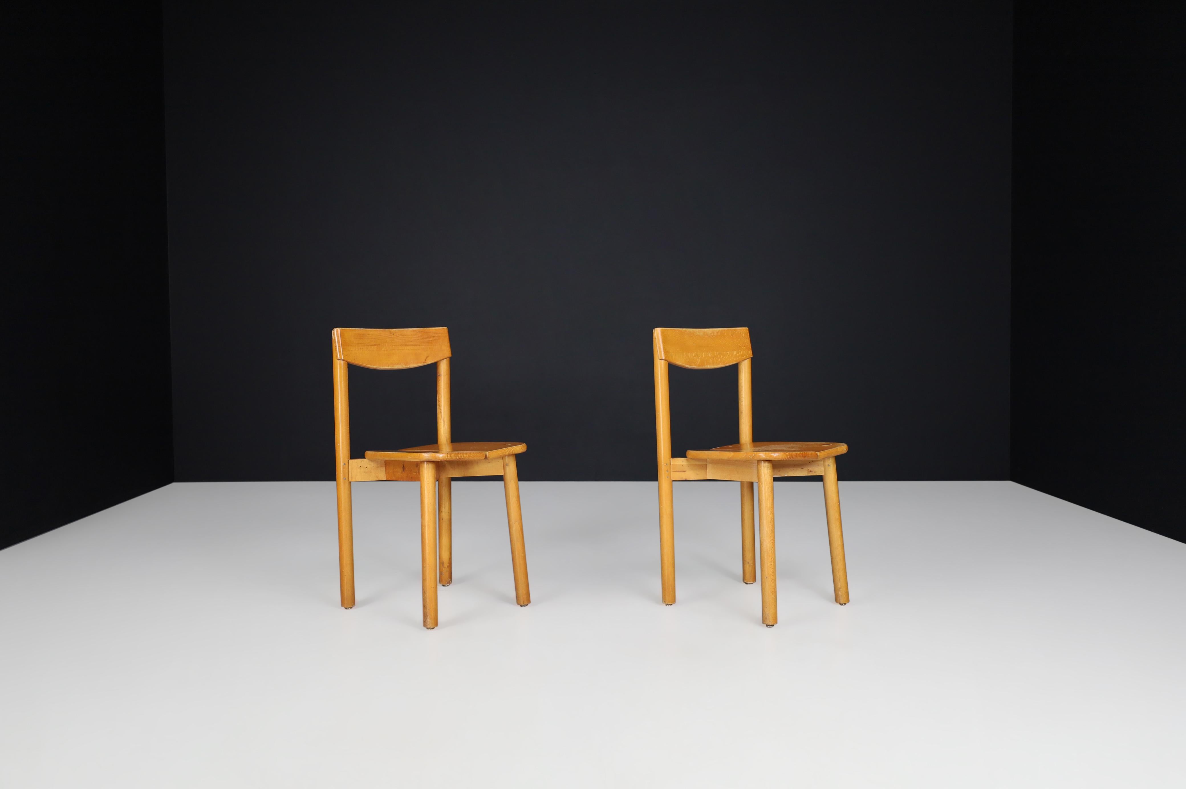 Pierre Gautier Solid Chairs in Blond Beech, France, 1960s For Sale 1