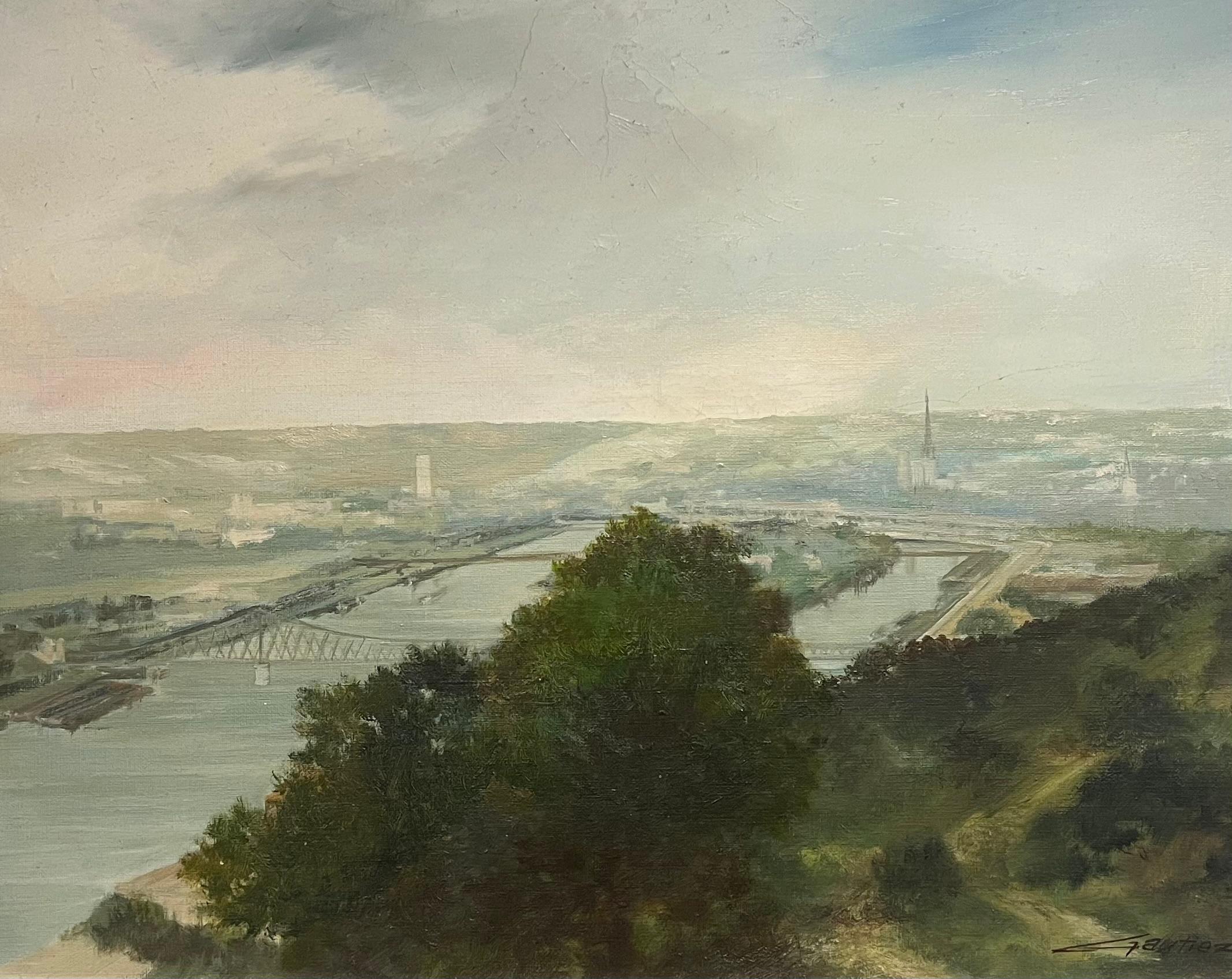 Vista panorámica de Rouen Francia Paisaje fluvial tranquilo Pintura al óleo grande - Painting Moderno de Pierre Gautiez