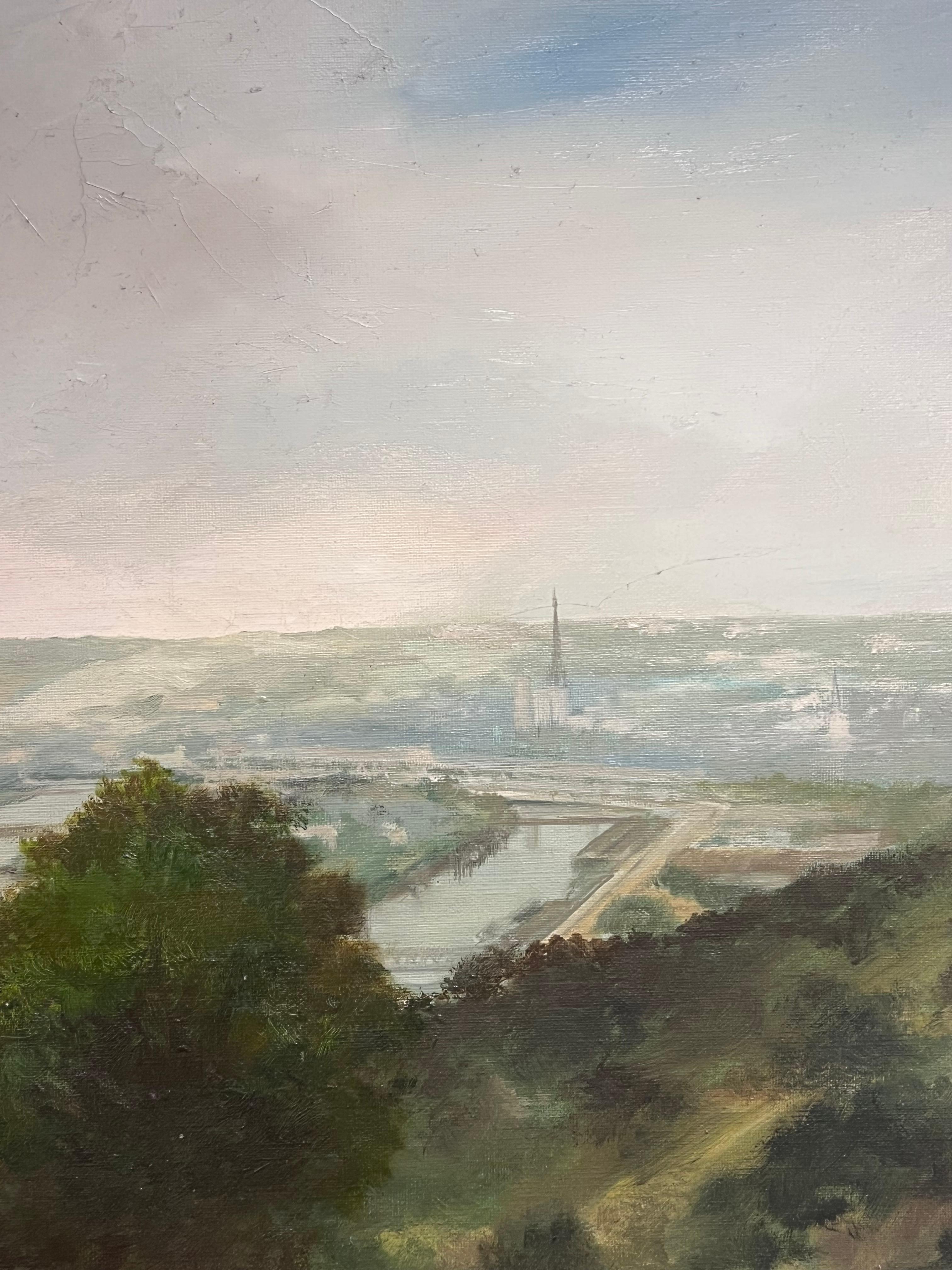 Vista panorámica de Rouen Francia Paisaje fluvial tranquilo Pintura al óleo grande - Landscape Painting Marrón de Pierre Gautiez