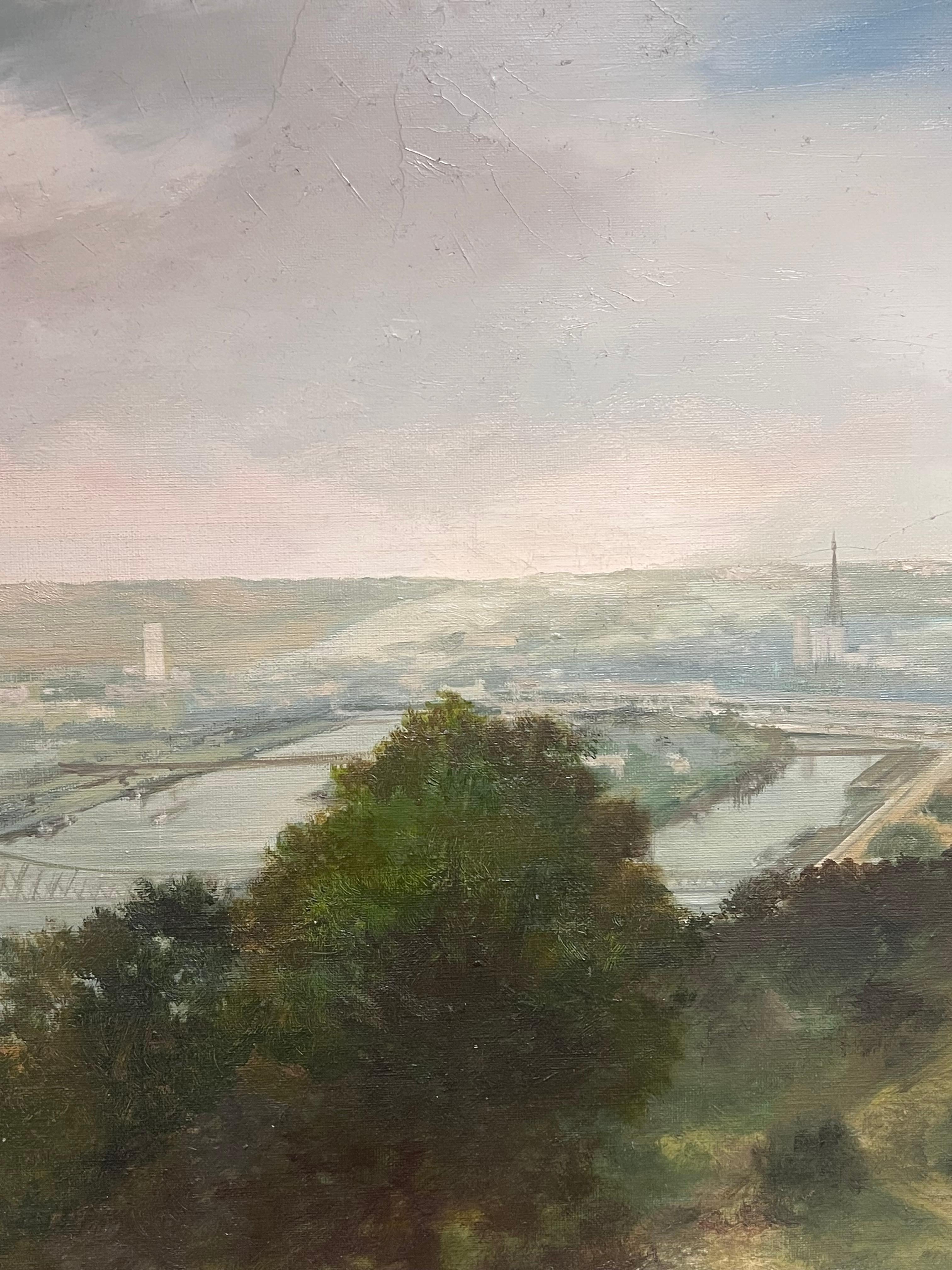 Vista panorámica de Rouen Francia Paisaje fluvial tranquilo Pintura al óleo grande en venta 1