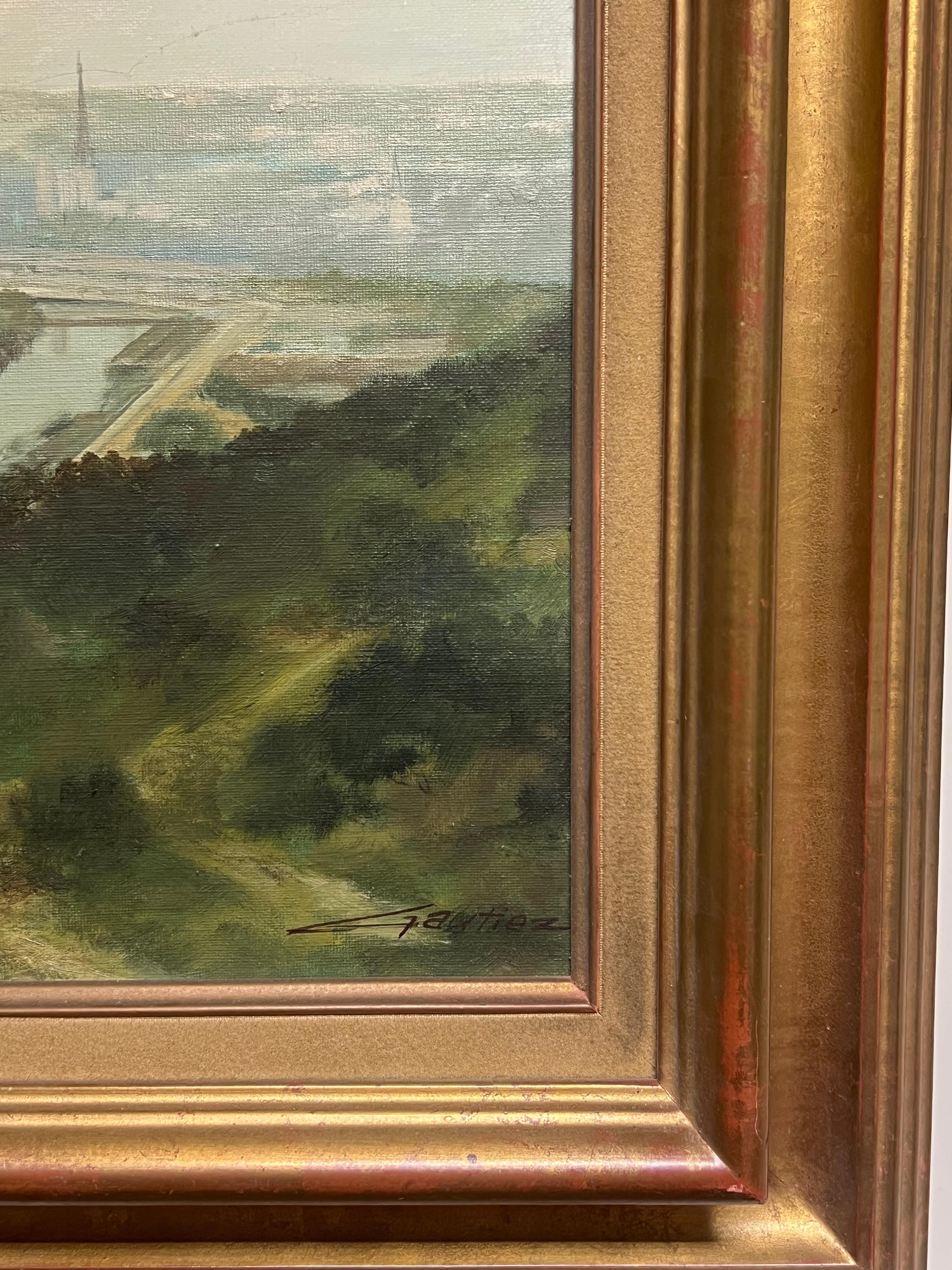 Vista panorámica de Rouen Francia Paisaje fluvial tranquilo Pintura al óleo grande en venta 2
