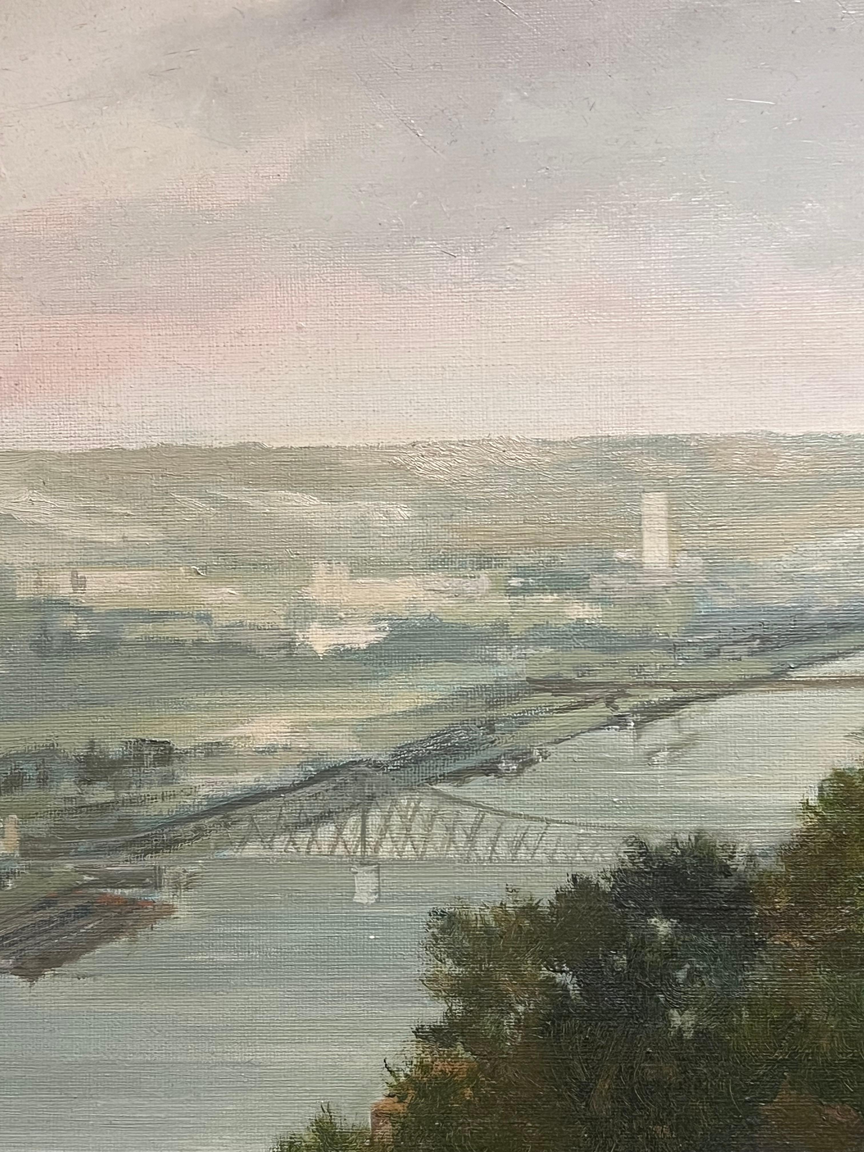Vista panorámica de Rouen Francia Paisaje fluvial tranquilo Pintura al óleo grande en venta 4