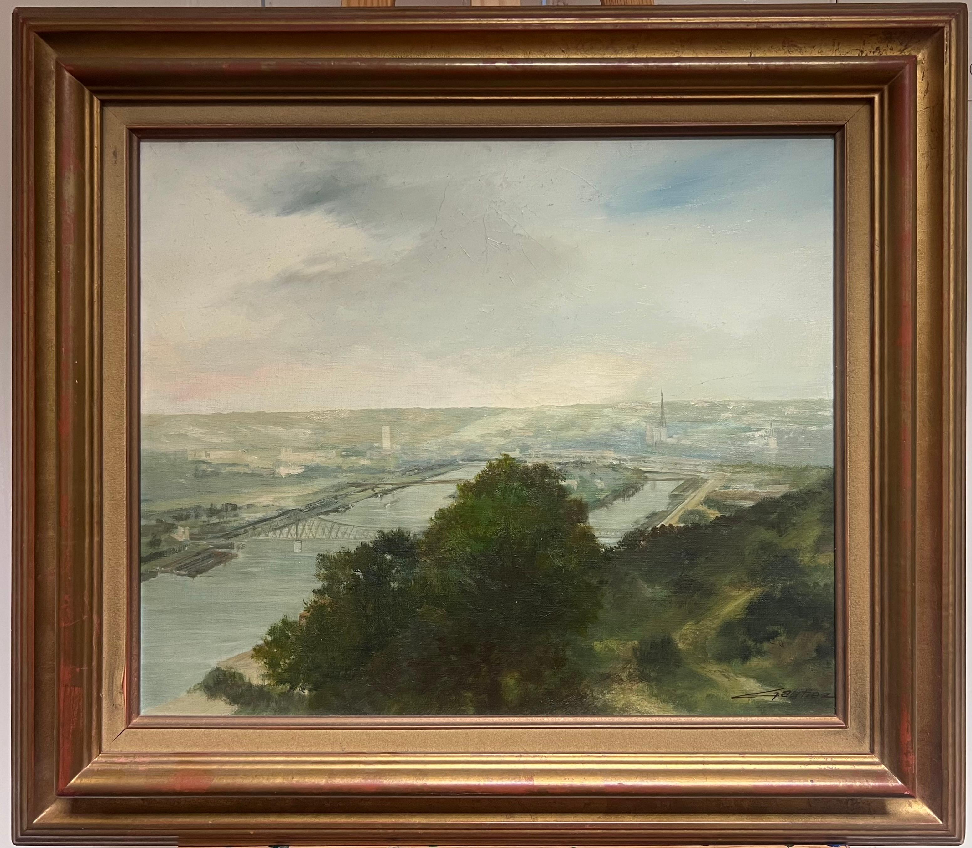 Landscape Painting de Pierre Gautiez - Vista panorámica de Rouen Francia Paisaje fluvial tranquilo Pintura al óleo grande