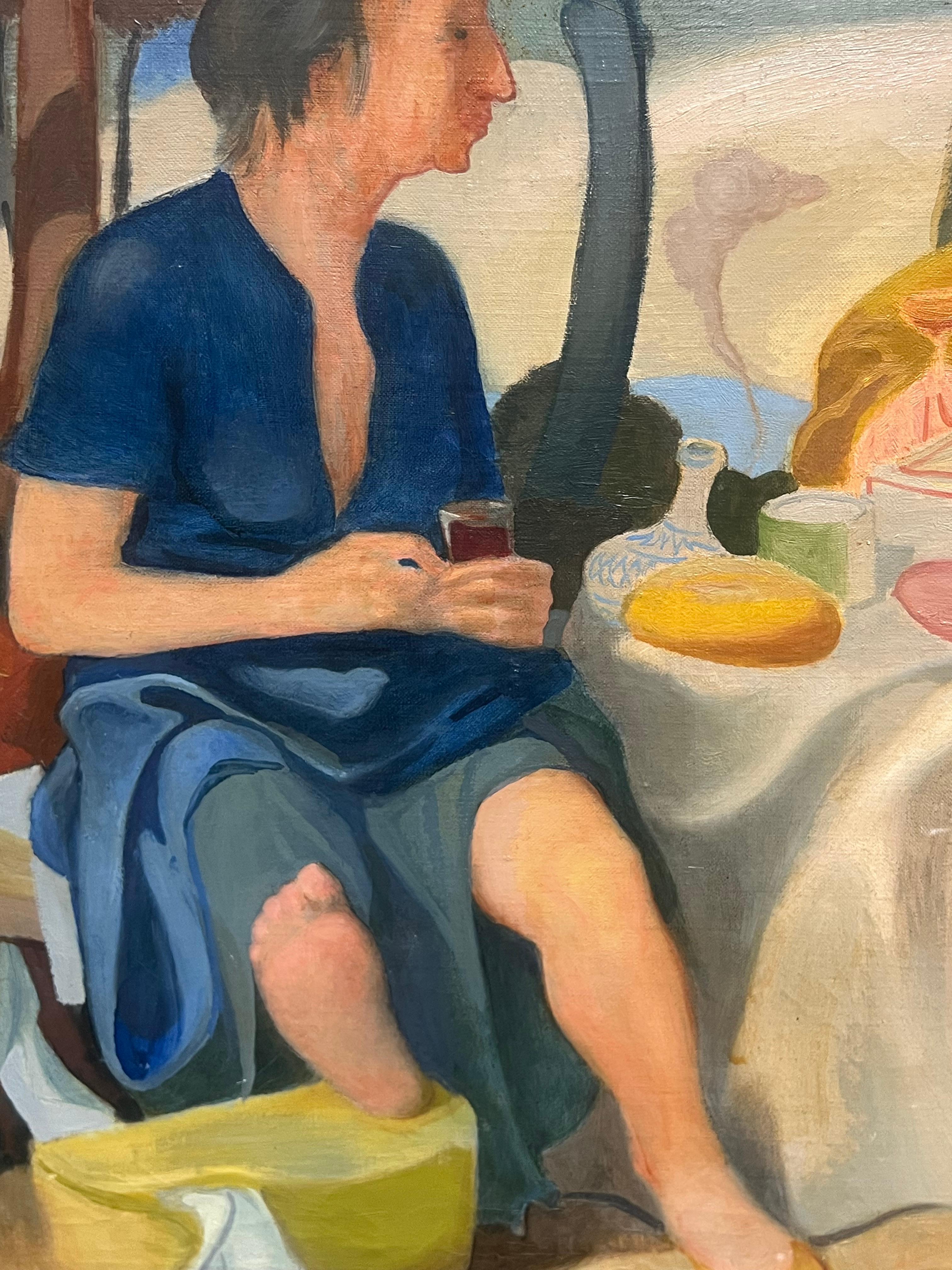 Large Mid Century French Oil Three Figures Seated Picnic Conversation For Sale 1