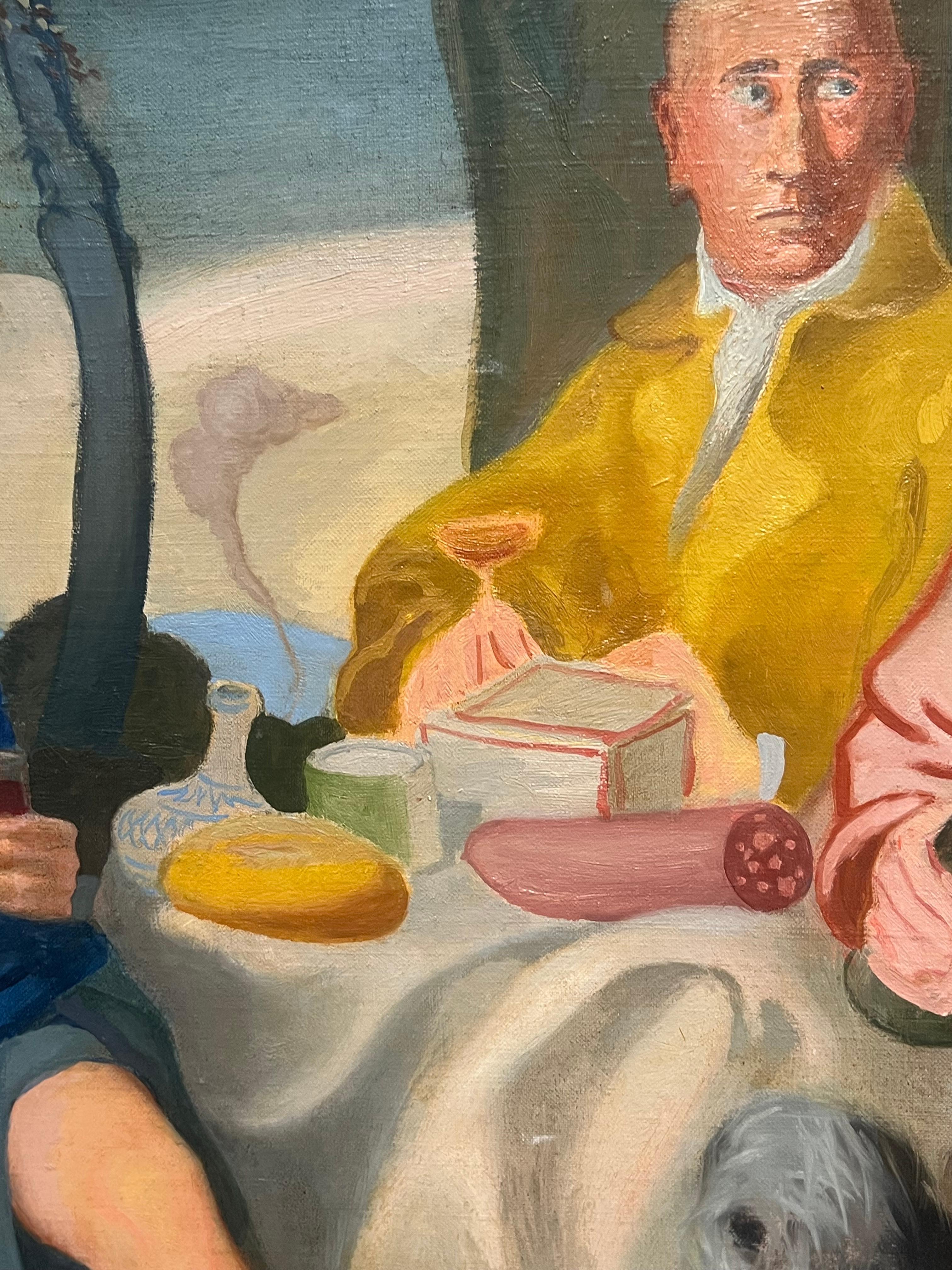Large Mid Century French Oil Three Figures Seated Picnic Conversation For Sale 3