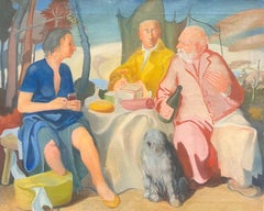 Large Mid Century French Oil Three Figures Seated Picnic Conversation