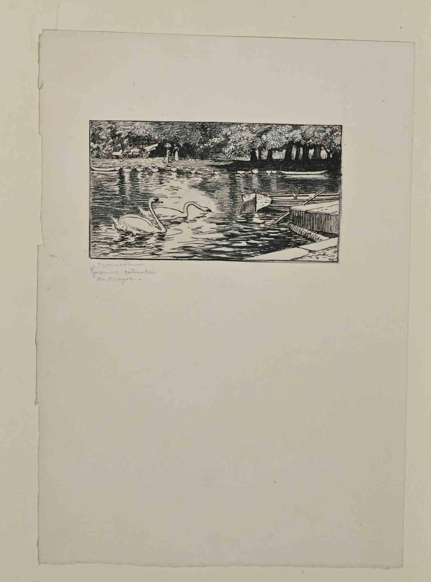 Pierre Georges Jeanniot Landscape Print - By the Water - Original Etching G. Jeanniot - Late 19th Century