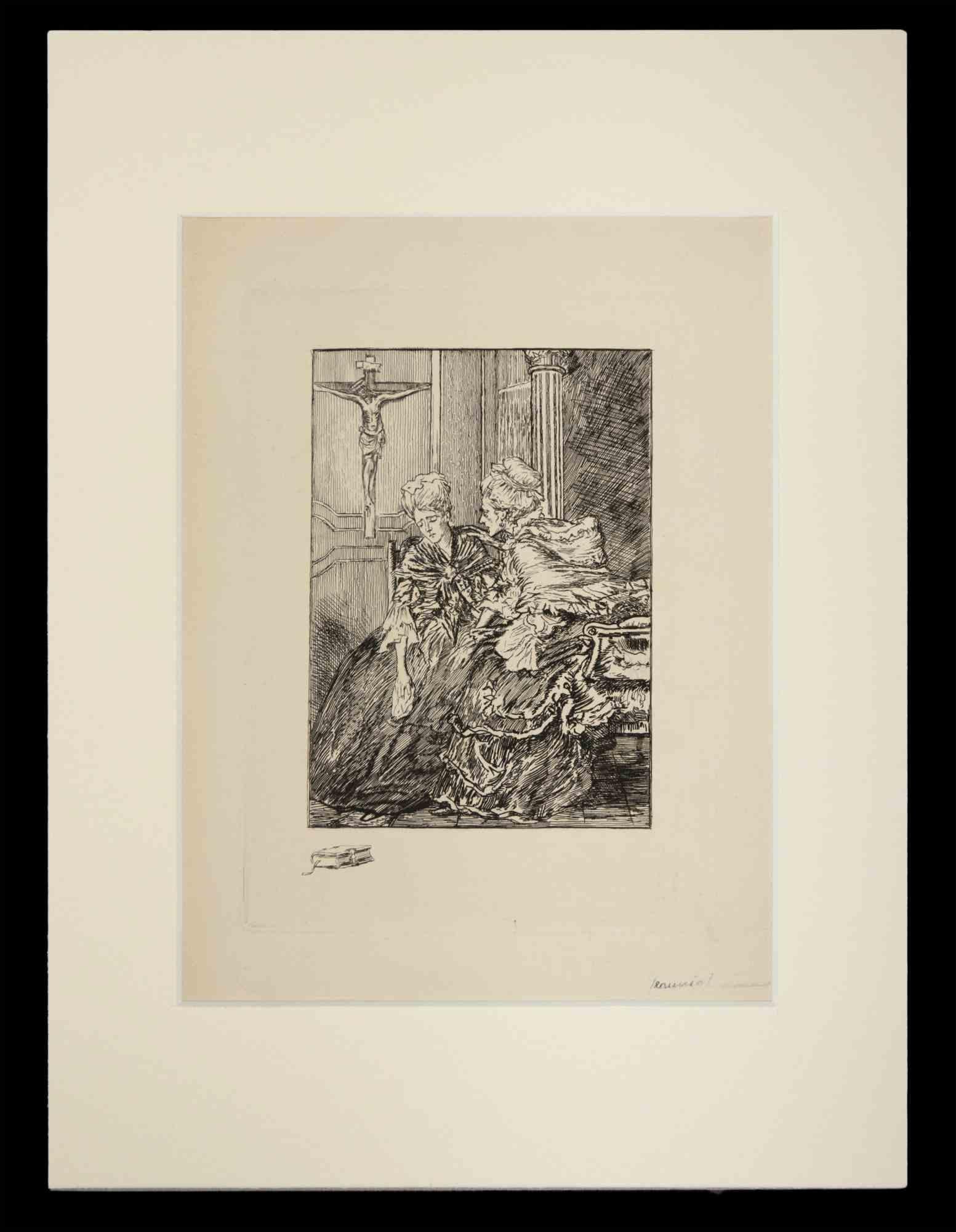 Pierre Georges Jeanniot Figurative Print - The Confession - Etching by G. Jeanniot - Early 20th Century