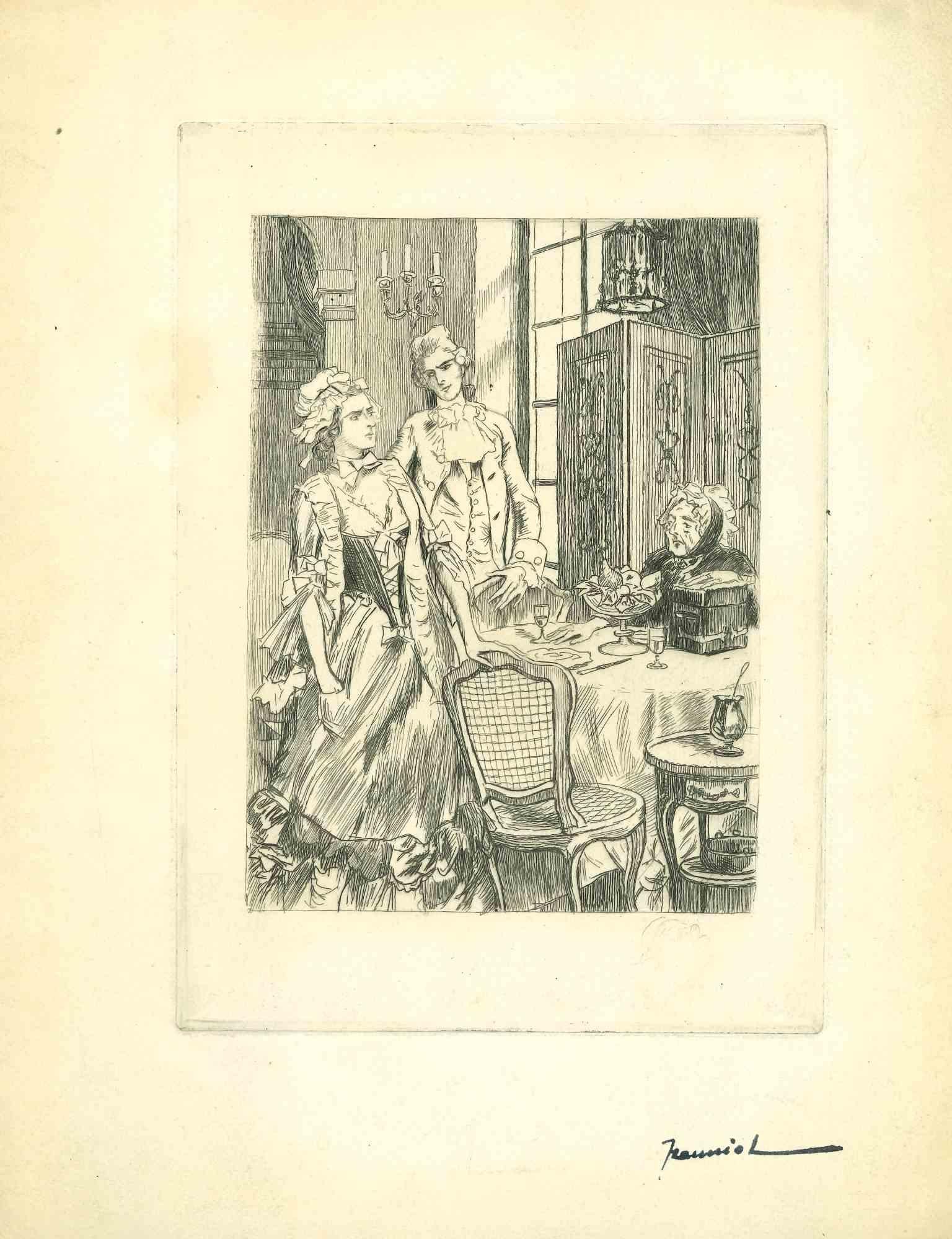 Pierre Georges Jeanniot Figurative Print - The Dining Room - Etching by Georges Jeanniot - 1915