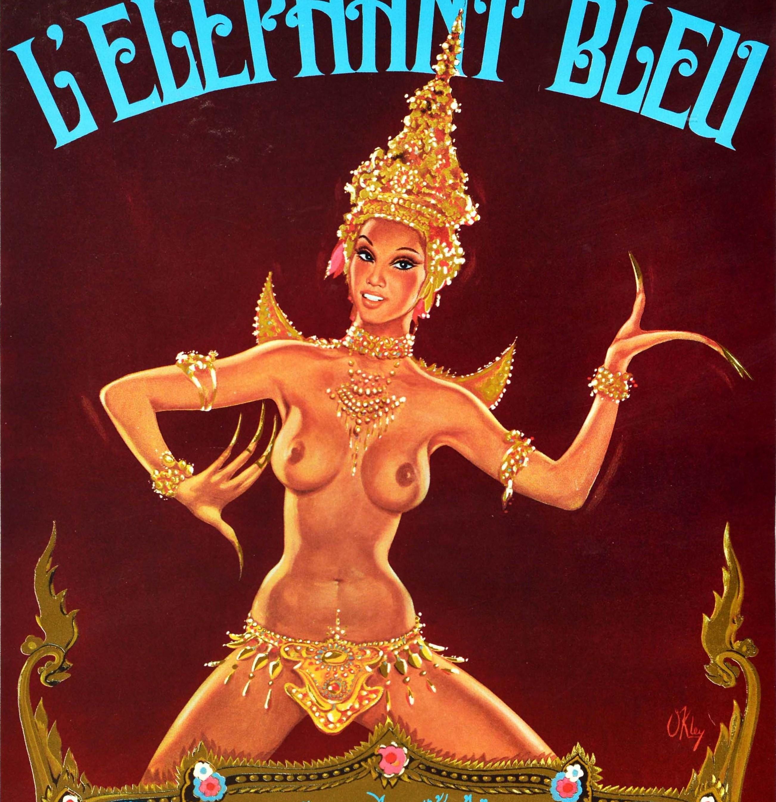 Affiche originale vintage annonçant un spectacle sur le thème de la Thaïlande au restaurant Blue Elephant / L'Eléphant Bleu sur les Champs Elysées à Paris, produit par Jean-Claude Paulard et Thierry Delayen, avec un dessin de style pin-up par OKley