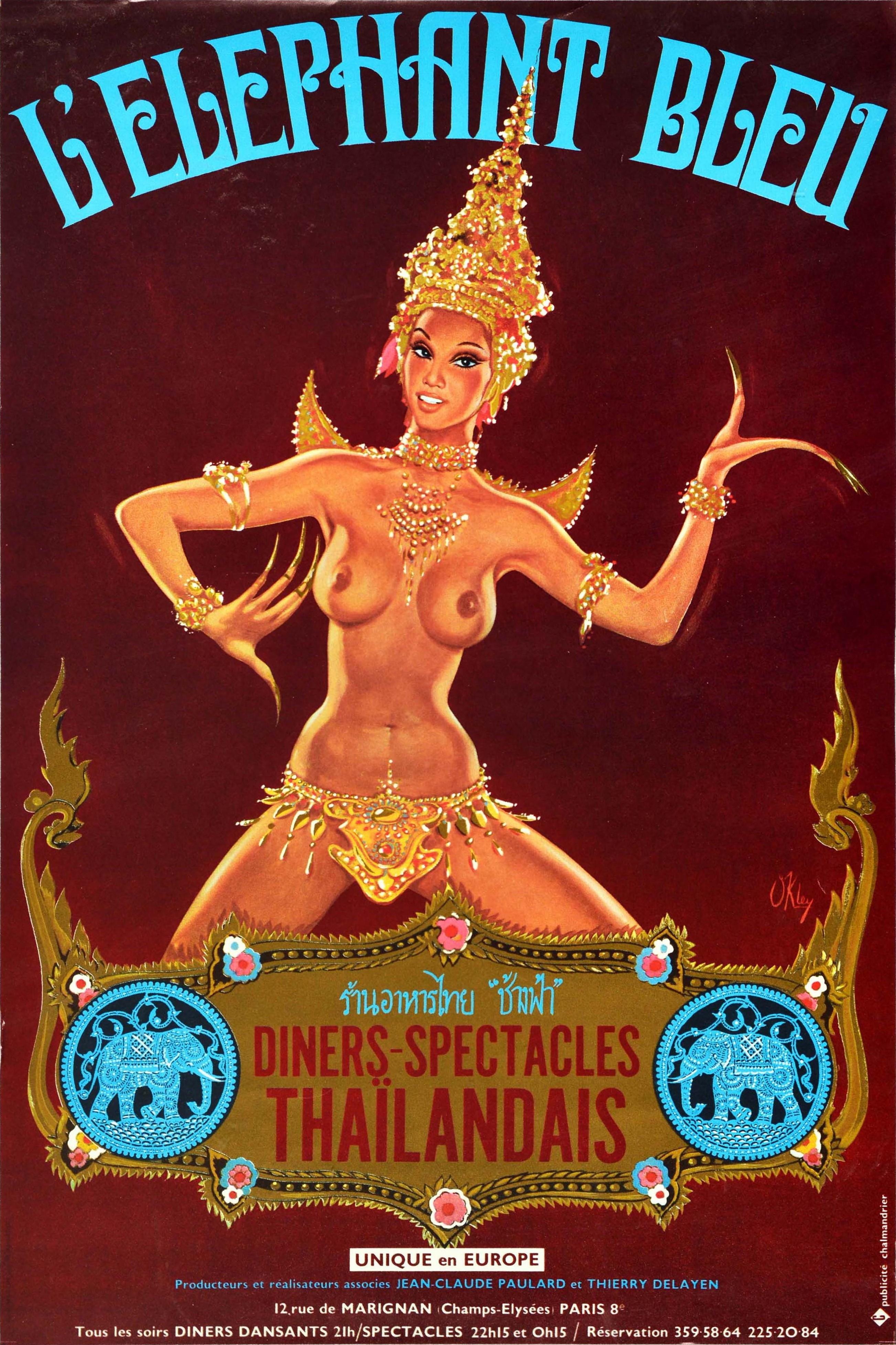 Print Pierre Gilardeau - Affiche rétro originale, Éléphant bleu, Champs Élysées, Paris, Exposition thaïlandaise, Pin Up