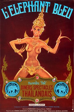 Affiche rétro originale, Éléphant bleu, Champs Élysées, Paris, Exposition thaïlandaise, Pin Up