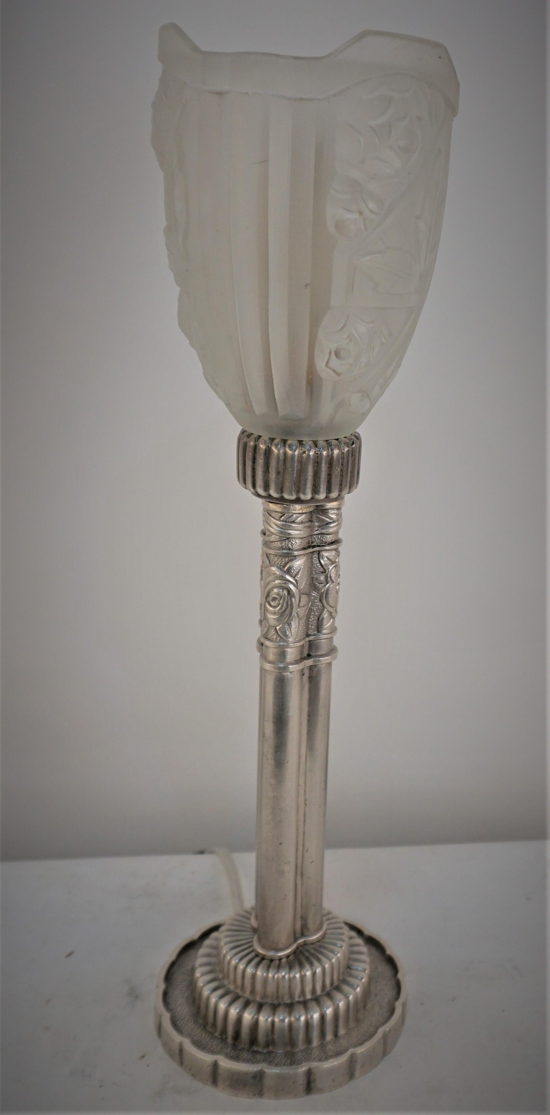 1930's silver on bronze base with clear frost glass shade art deco table lamp.