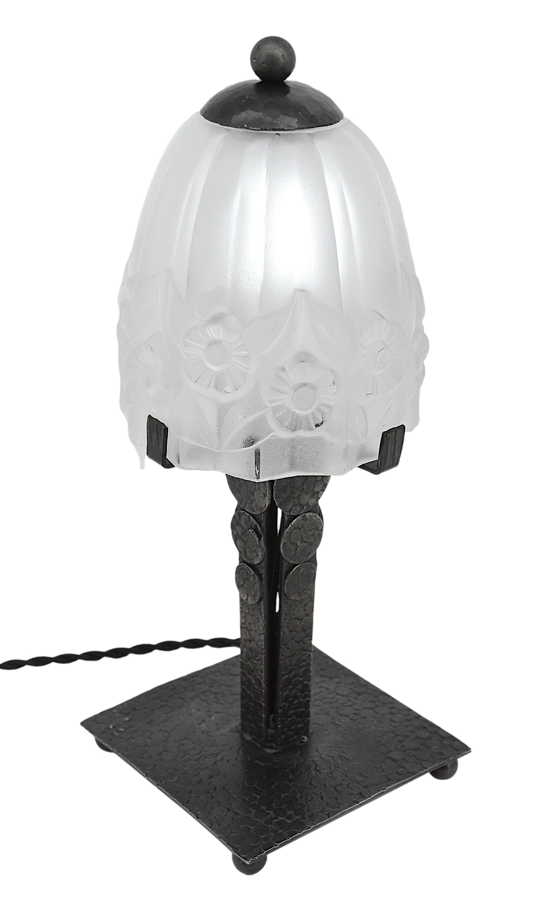 Frosted Pierre Gilles French Art Deco Wrought-Iron Table Lamp, ca. 1930 For Sale