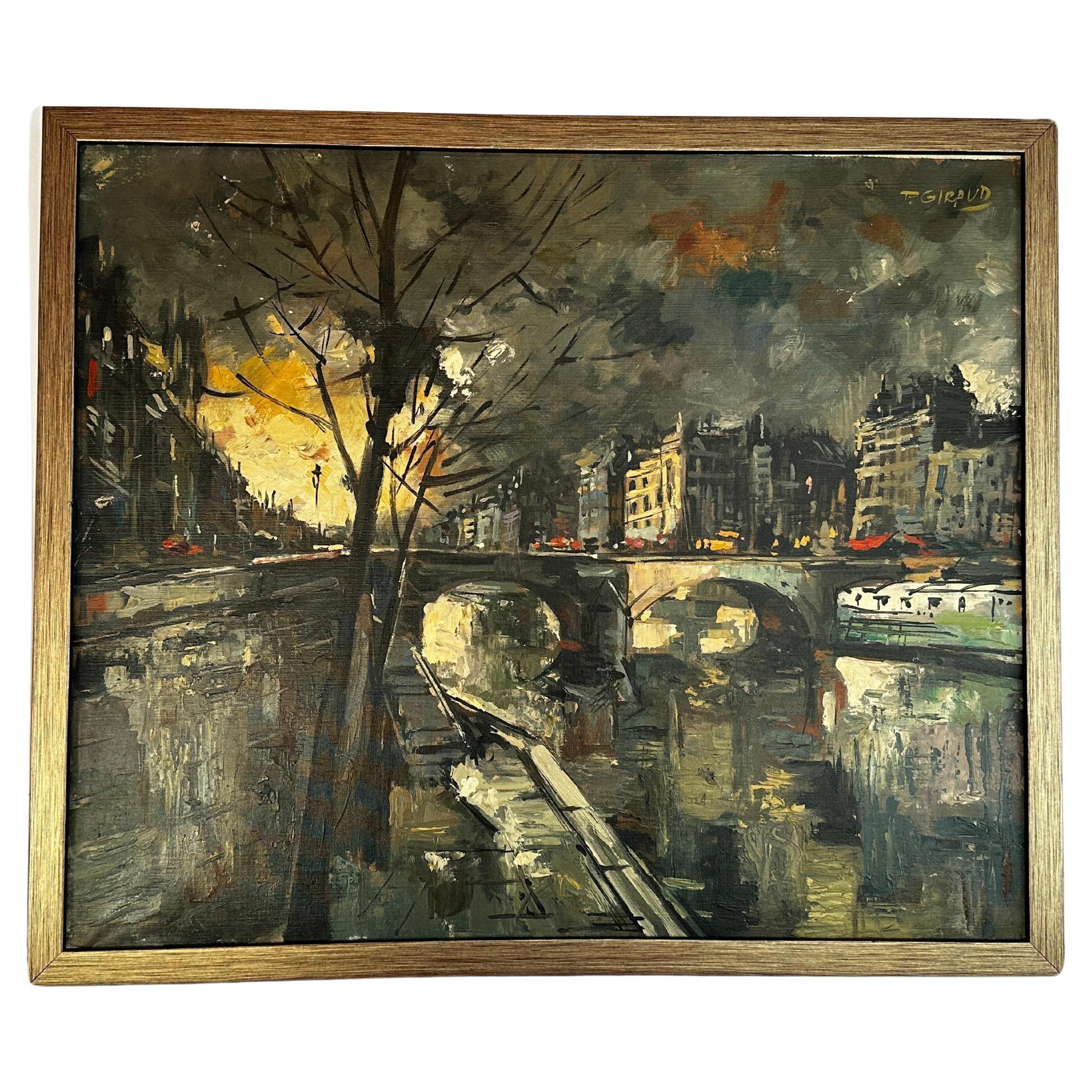 Pierre Giraud's "Embankment of the Seine River" Parisian cityscape, portraying the iconic Pont au Change bridge, offers a mesmerizing scene at dusk. 
A mastering execution of chiaroscuro. The sunset illuminates select points across the canvas—a