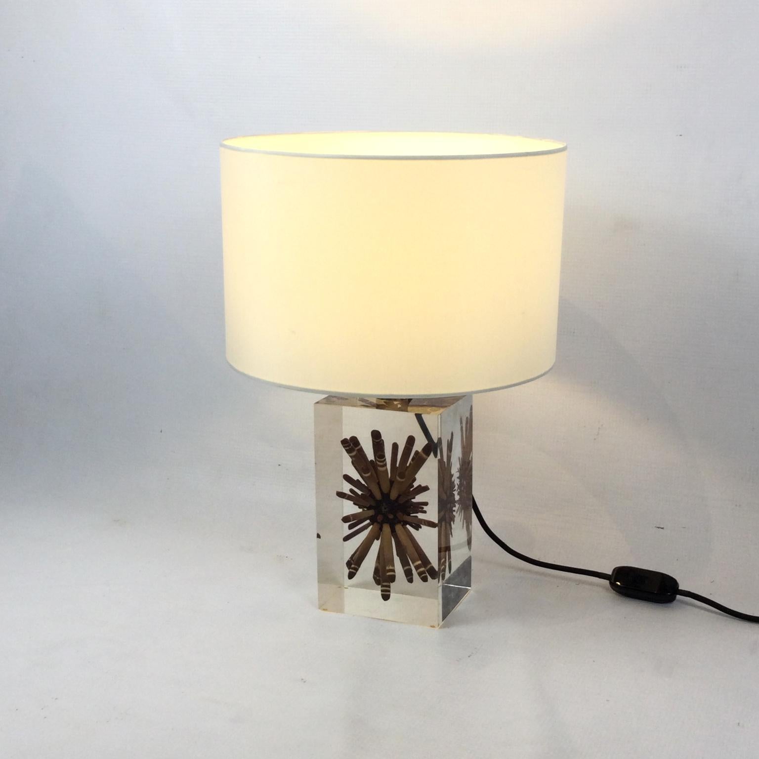 Pierre Giraudon 1970s Large Resin Table Lamp with Tropical Ursin Inclusion For Sale 2