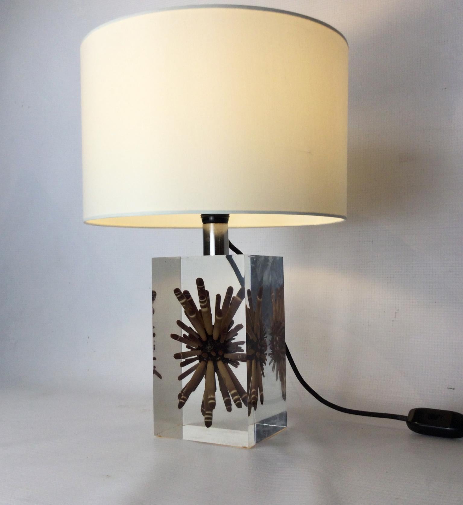 Pierre Giraudon 1970s Large Resin Table Lamp with Tropical Ursin Inclusion For Sale 6