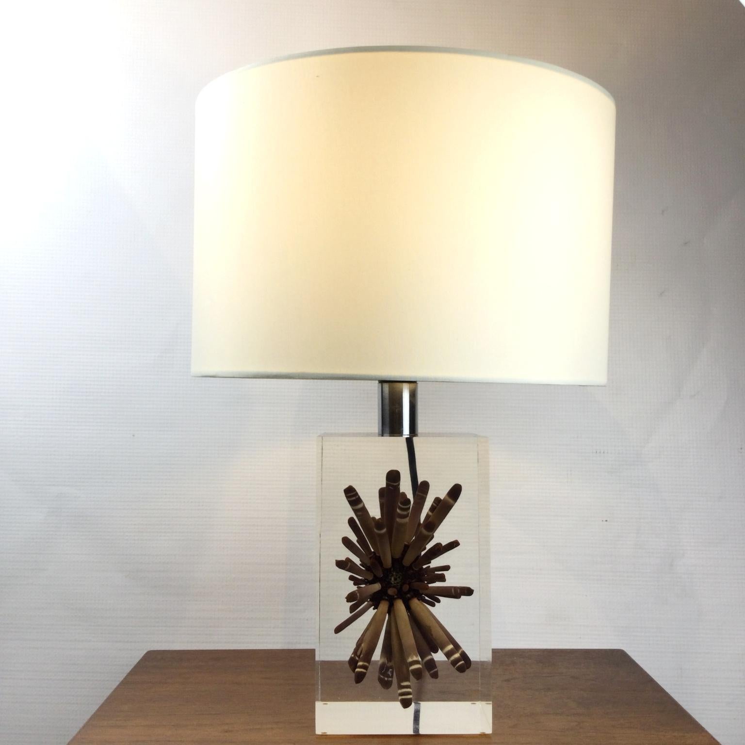 Rare Lucite bedside table lamps with inclusion of a tropical sea urchin...
Design by the French plastic artist and biologist Pierre Giraudon (1923-2012)
During the 1960s, 1970s, and 1980s, he made sculptures, lamp bases, and objects out of colored