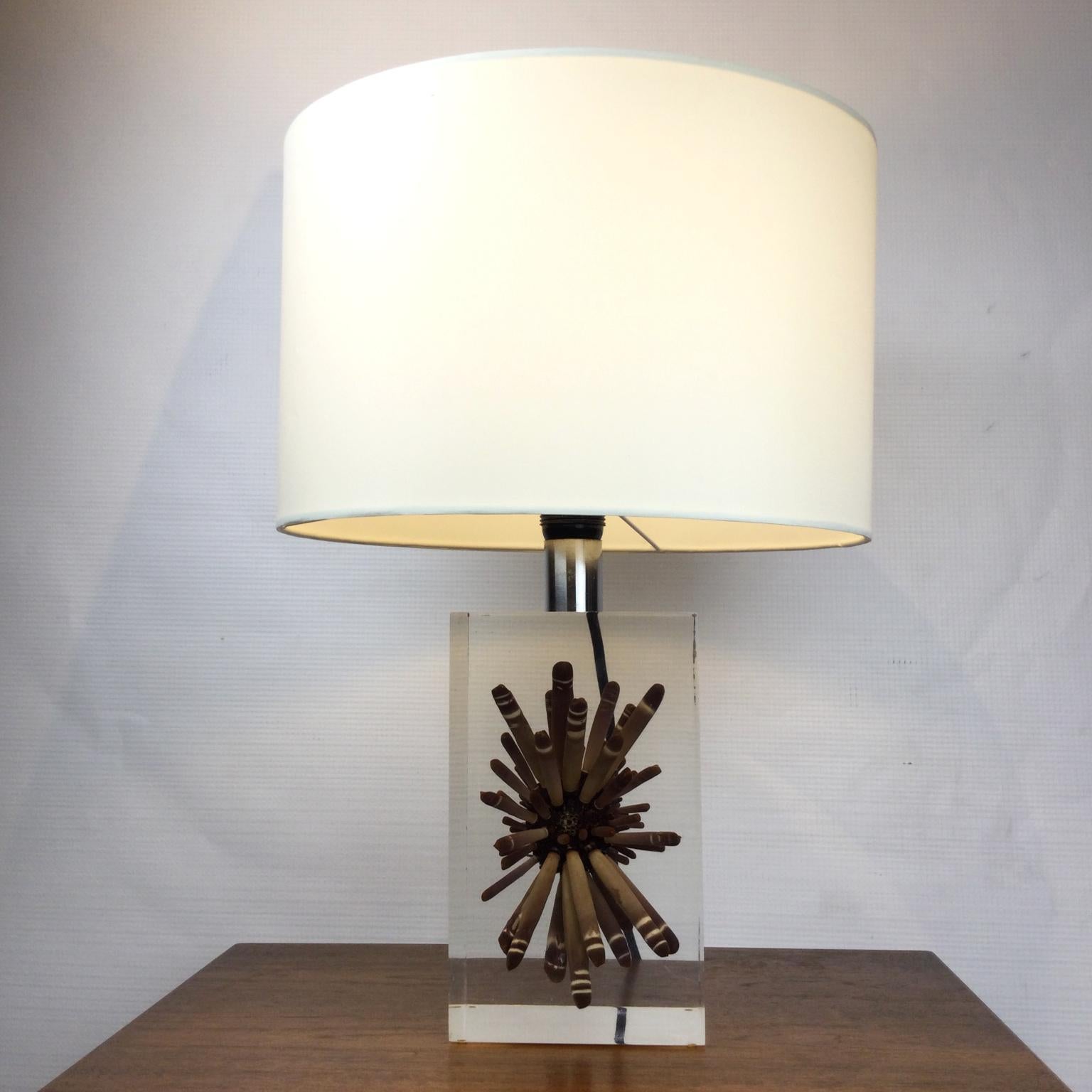 French 1970s Pierre Giraudon Resin Table Lamp with Tropical Ursin Inclusion For Sale