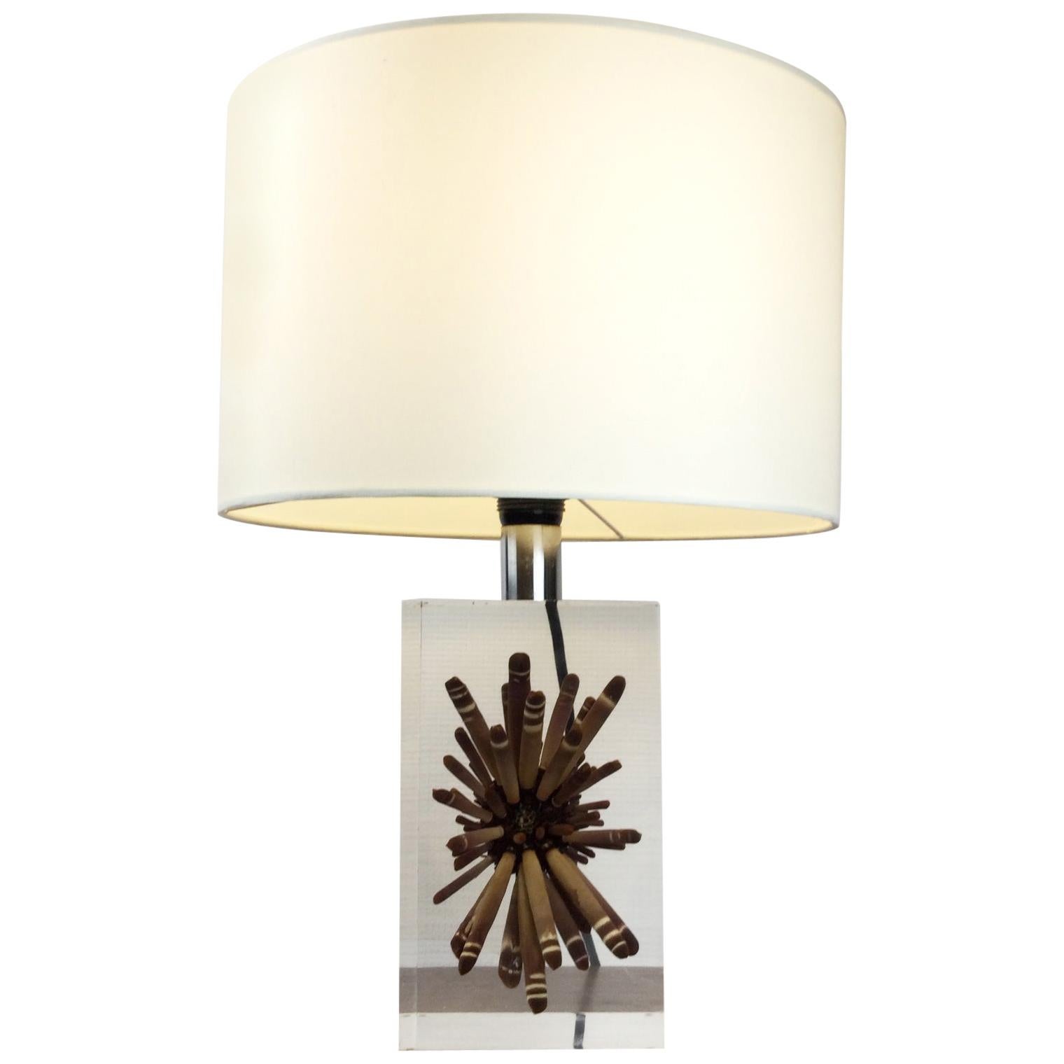 Pierre Giraudon 1970s Large Resin Table Lamp with Tropical Ursin Inclusion For Sale