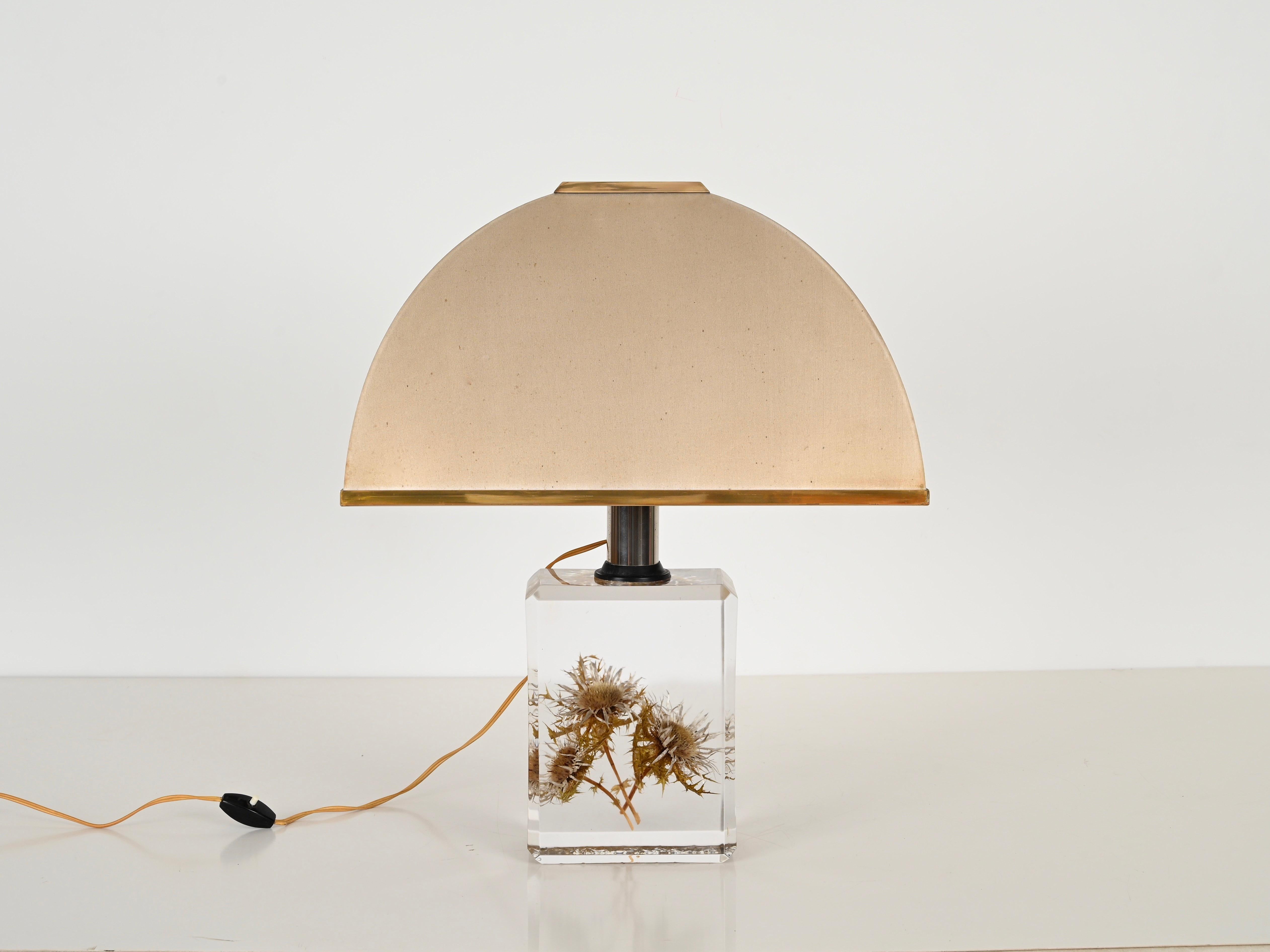 Pierre Giraudon Beveled Lucite with Thistles Table Lamp w/ Silk Shade, 1970s For Sale 2