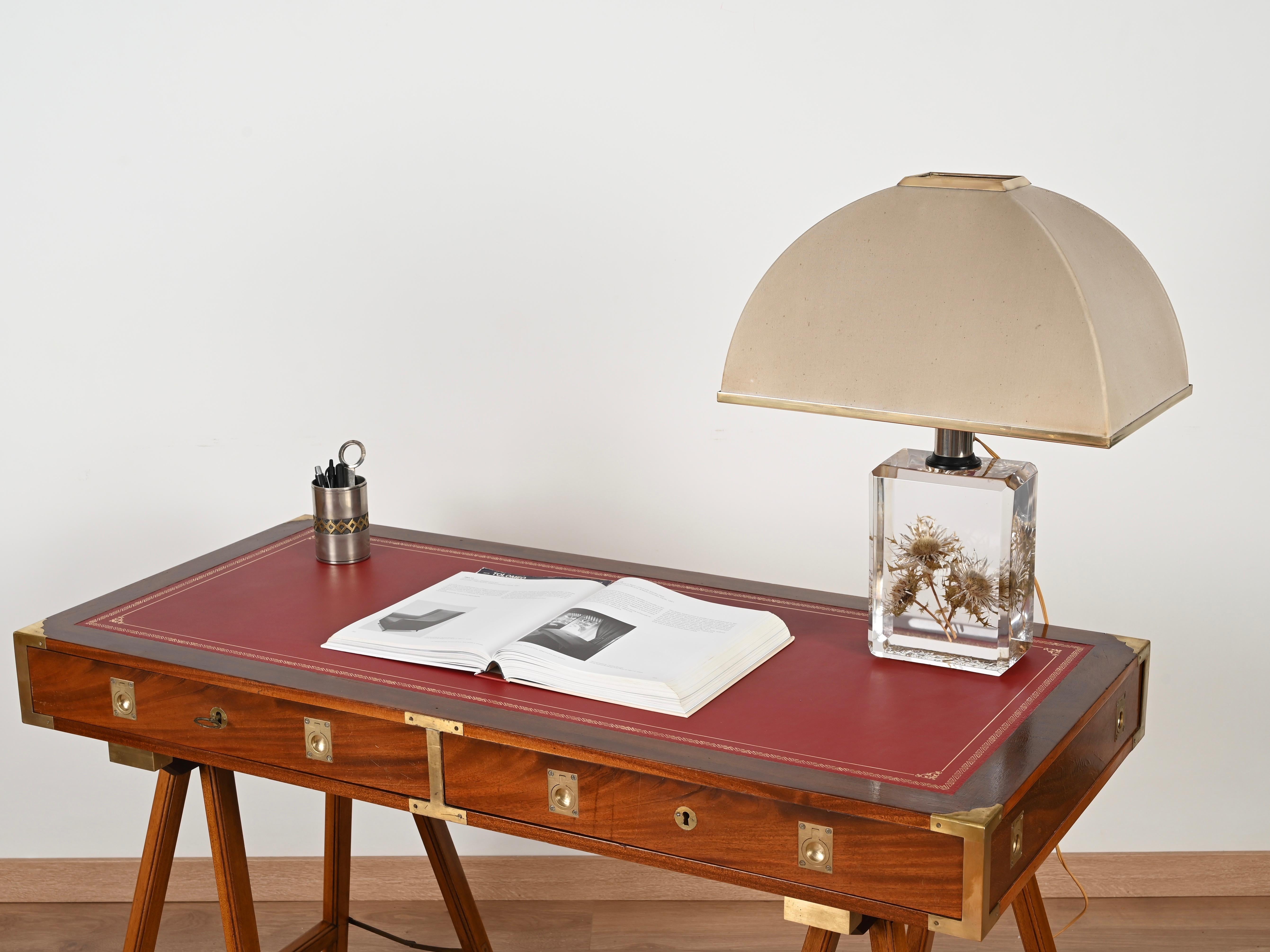 Pierre Giraudon Beveled Lucite with Thistles Table Lamp w/ Silk Shade, 1970s For Sale 3