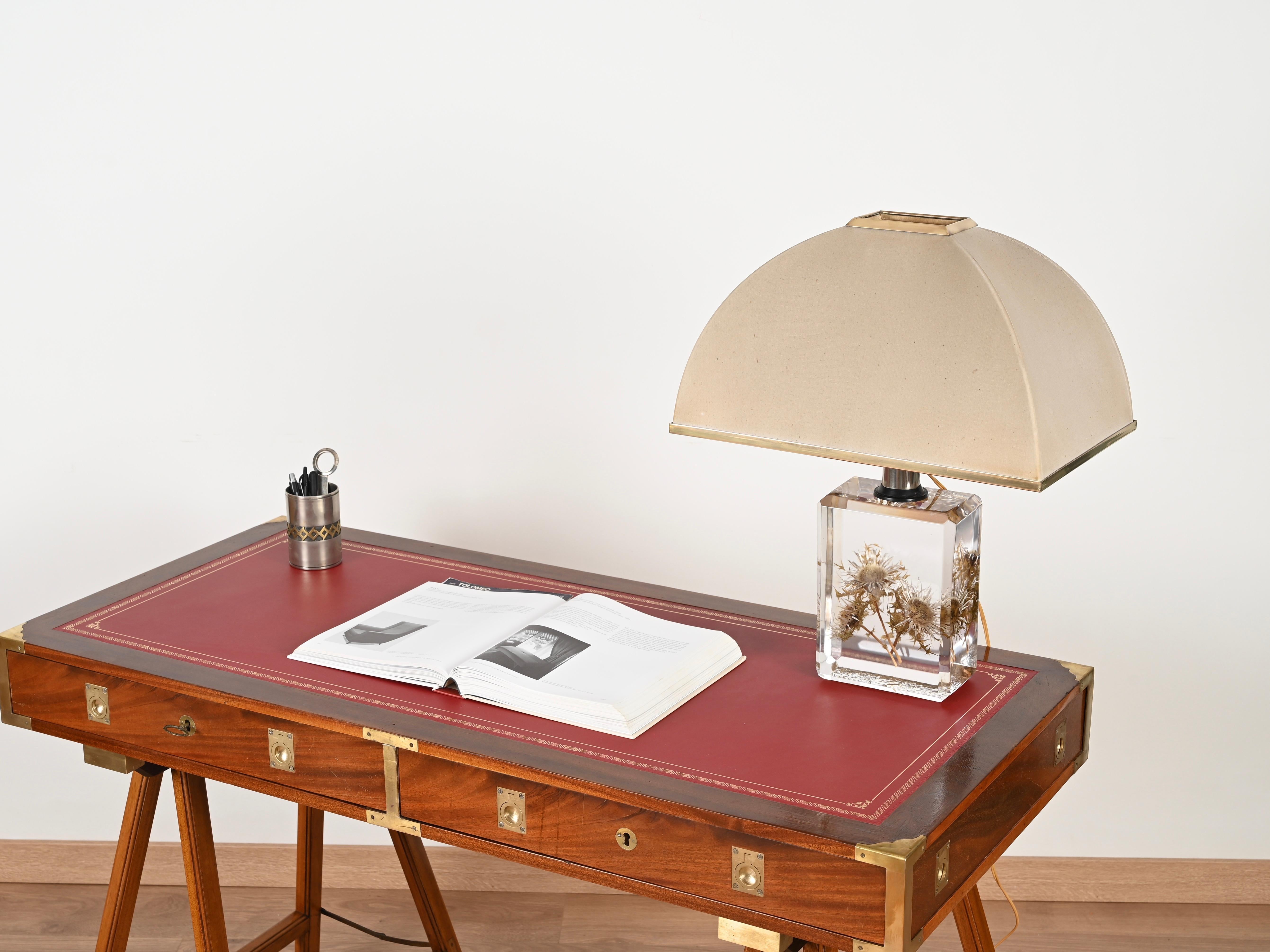 Pierre Giraudon Beveled Lucite with Thistles Table Lamp w/ Silk Shade, 1970s For Sale 4