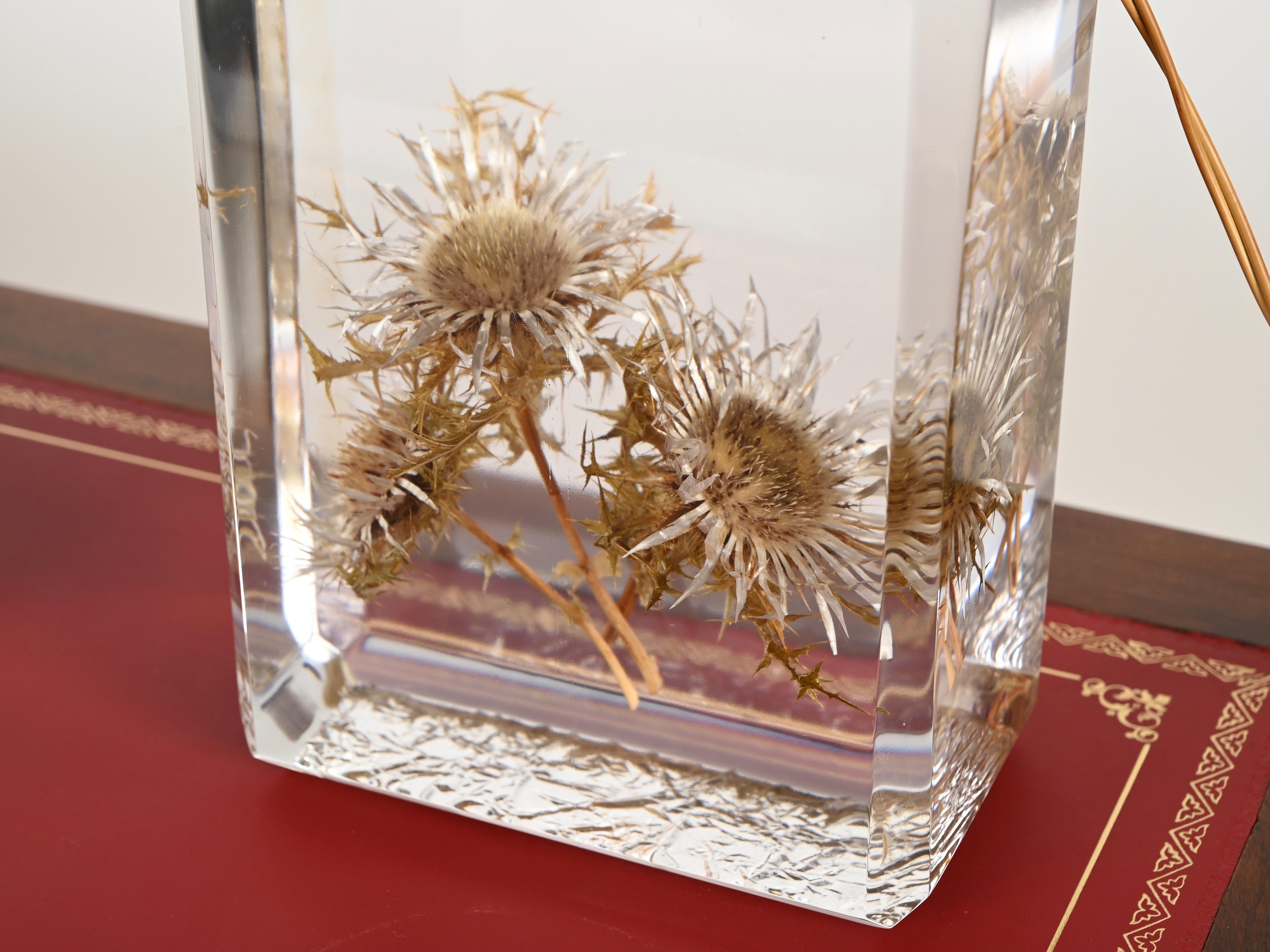 Pierre Giraudon Beveled Lucite with Thistles Table Lamp w/ Silk Shade, 1970s For Sale 5