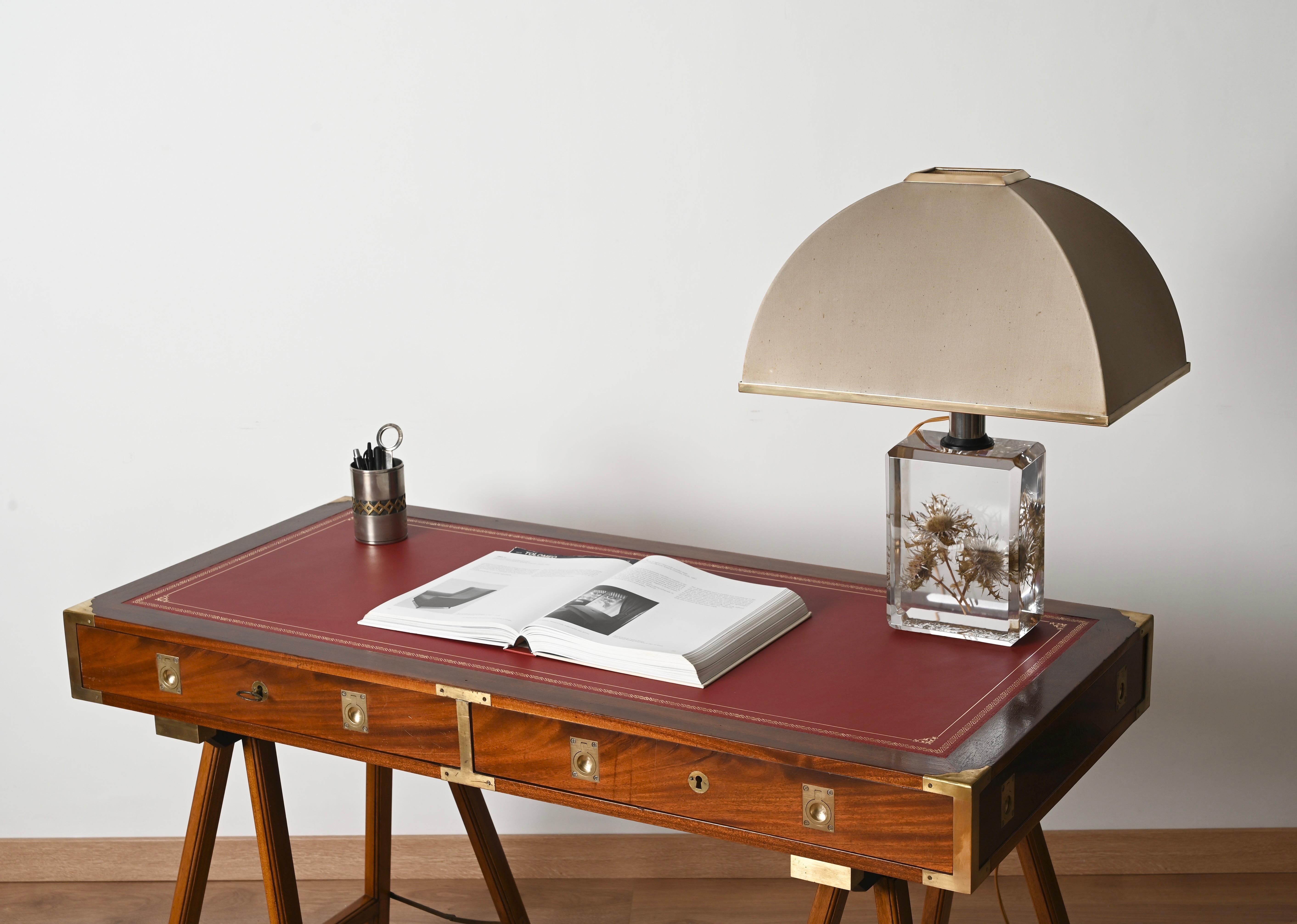 Pierre Giraudon Beveled Lucite with Thistles Table Lamp w/ Silk Shade, 1970s For Sale 6