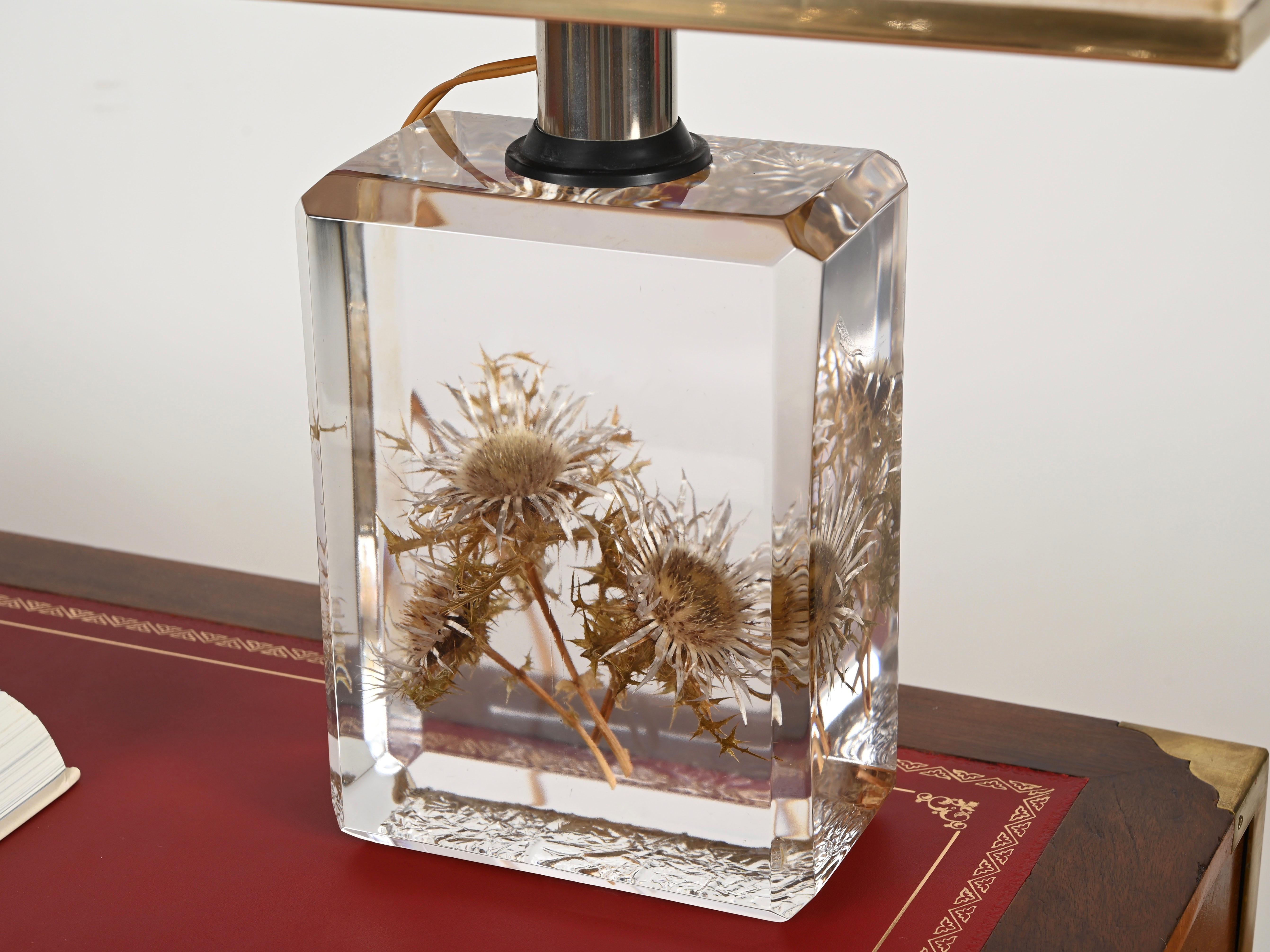 Pierre Giraudon Beveled Lucite with Thistles Table Lamp w/ Silk Shade, 1970s For Sale 7