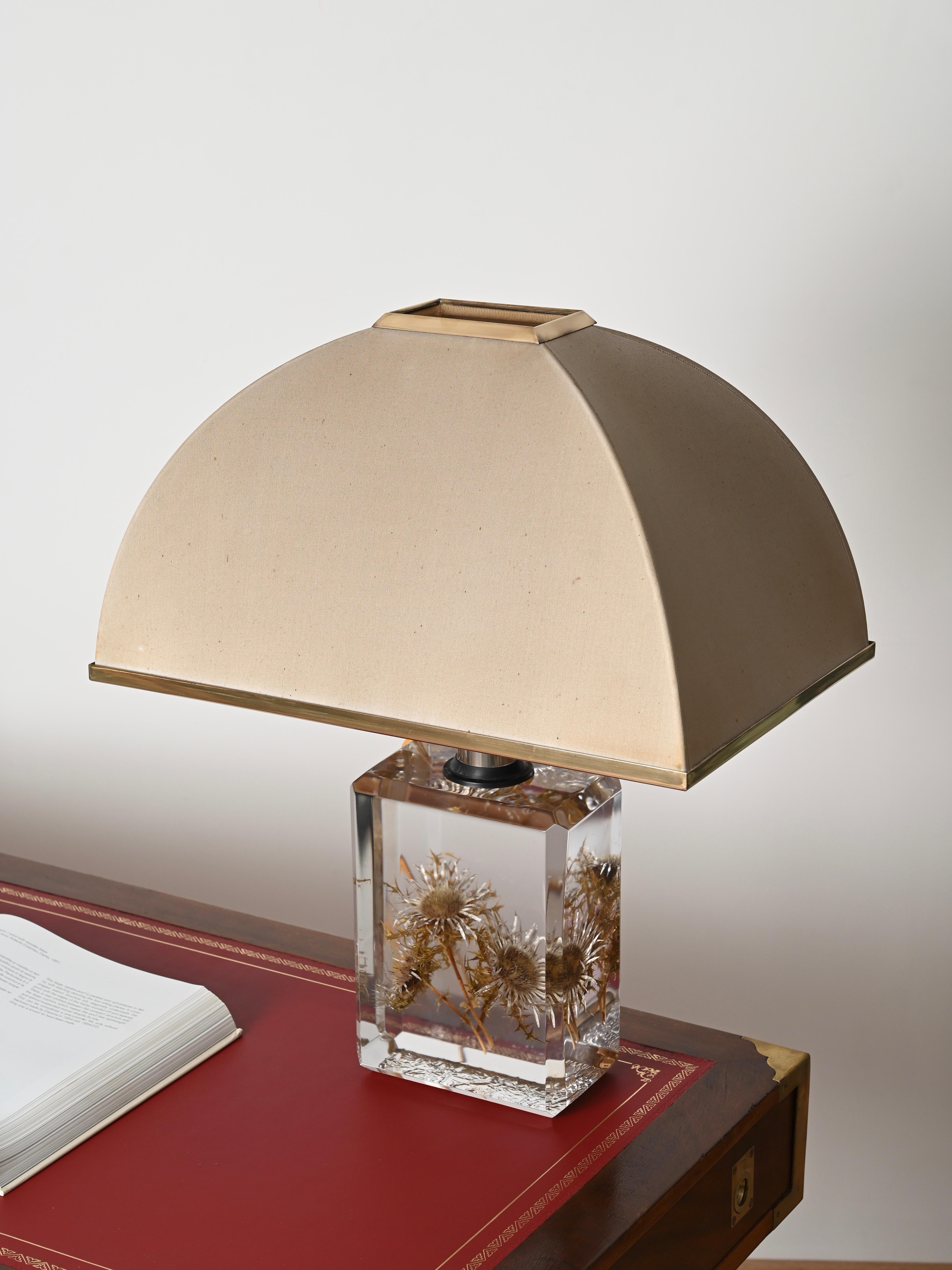 Pierre Giraudon Beveled Lucite with Thistles Table Lamp w/ Silk Shade, 1970s For Sale 8