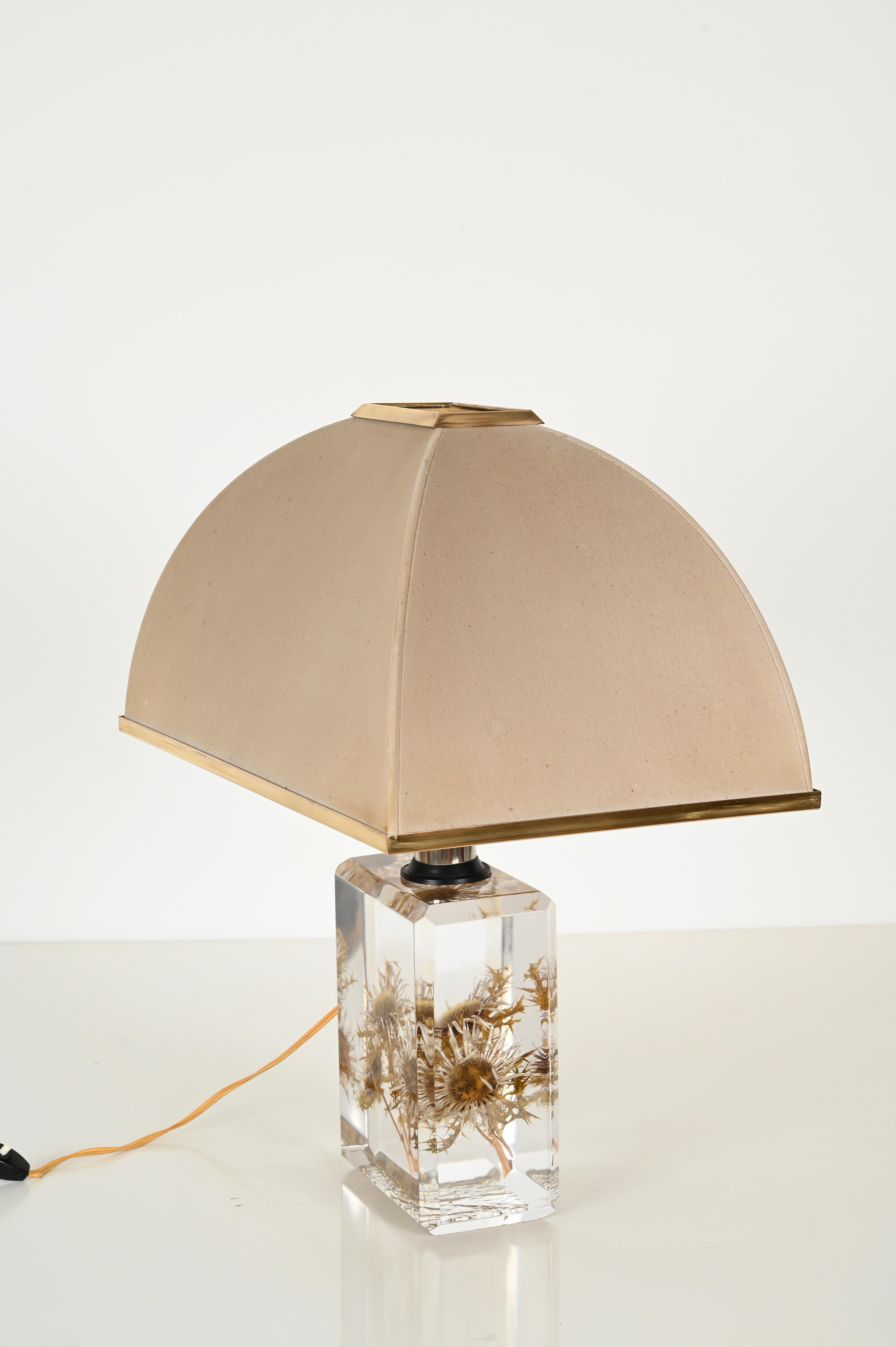 Pierre Giraudon Beveled Lucite with Thistles Table Lamp w/ Silk Shade, 1970s For Sale 9