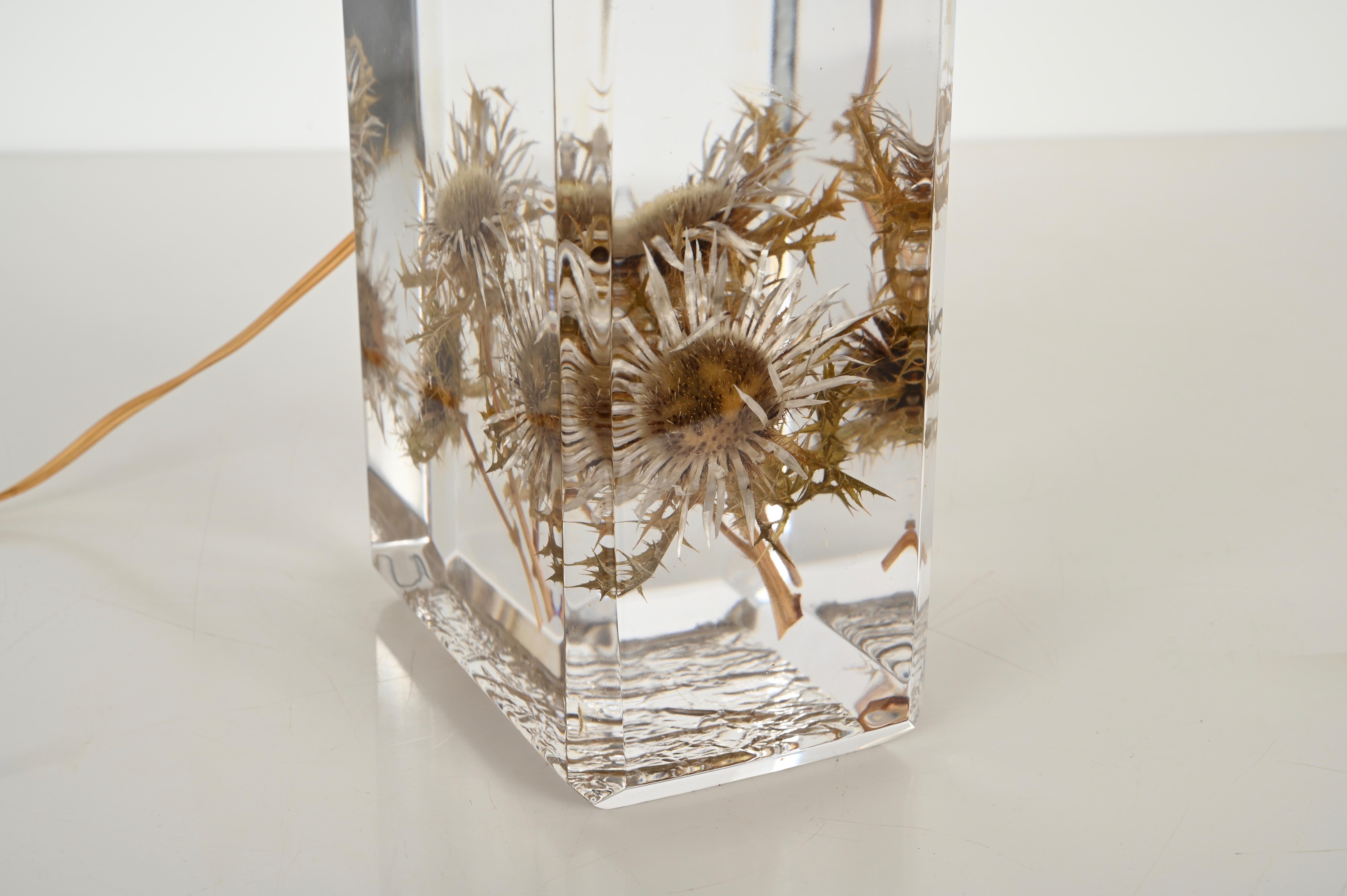 Pierre Giraudon Beveled Lucite with Thistles Table Lamp w/ Silk Shade, 1970s For Sale 10