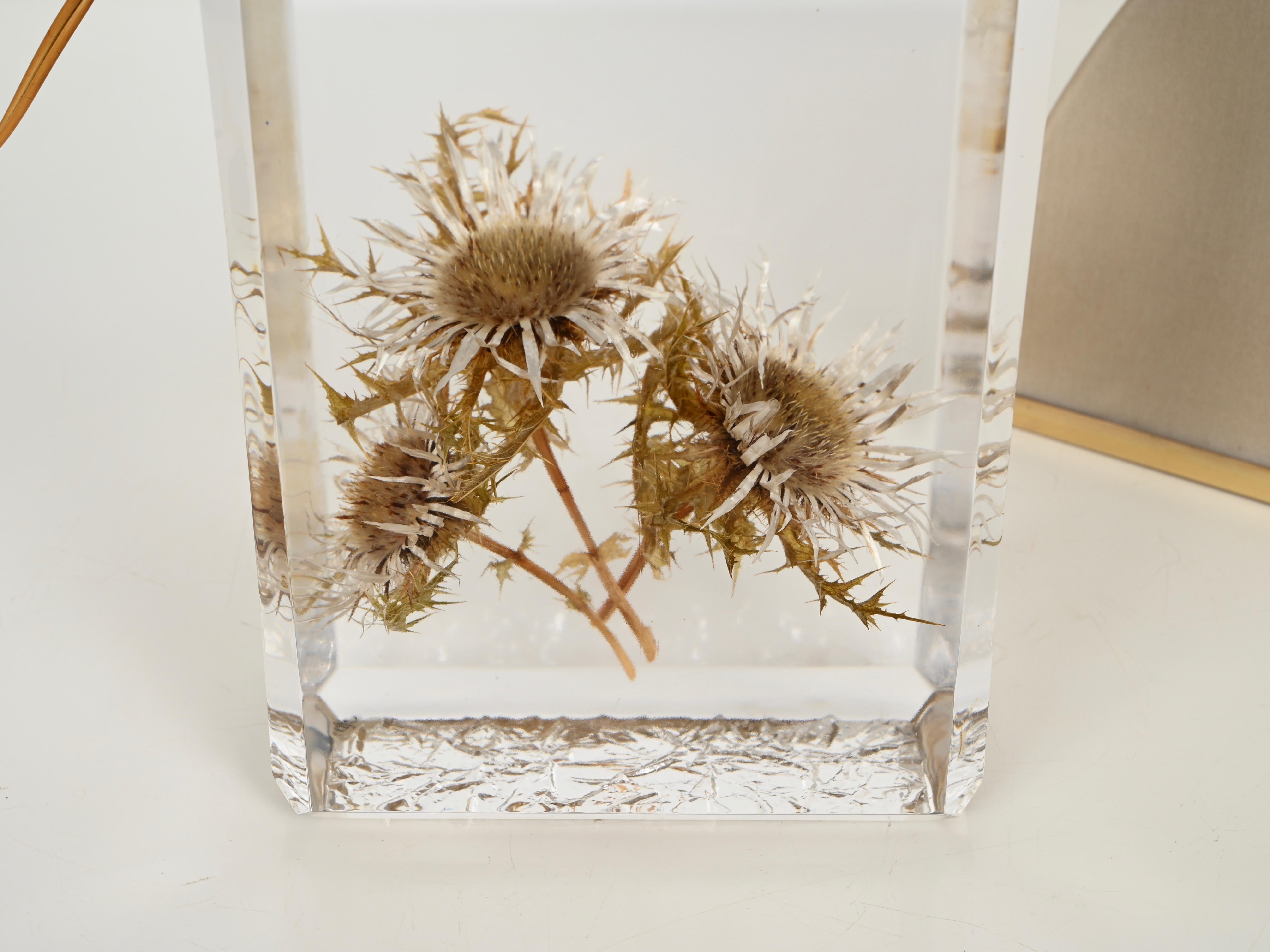Pierre Giraudon Beveled Lucite with Thistles Table Lamp w/ Silk Shade, 1970s For Sale 11