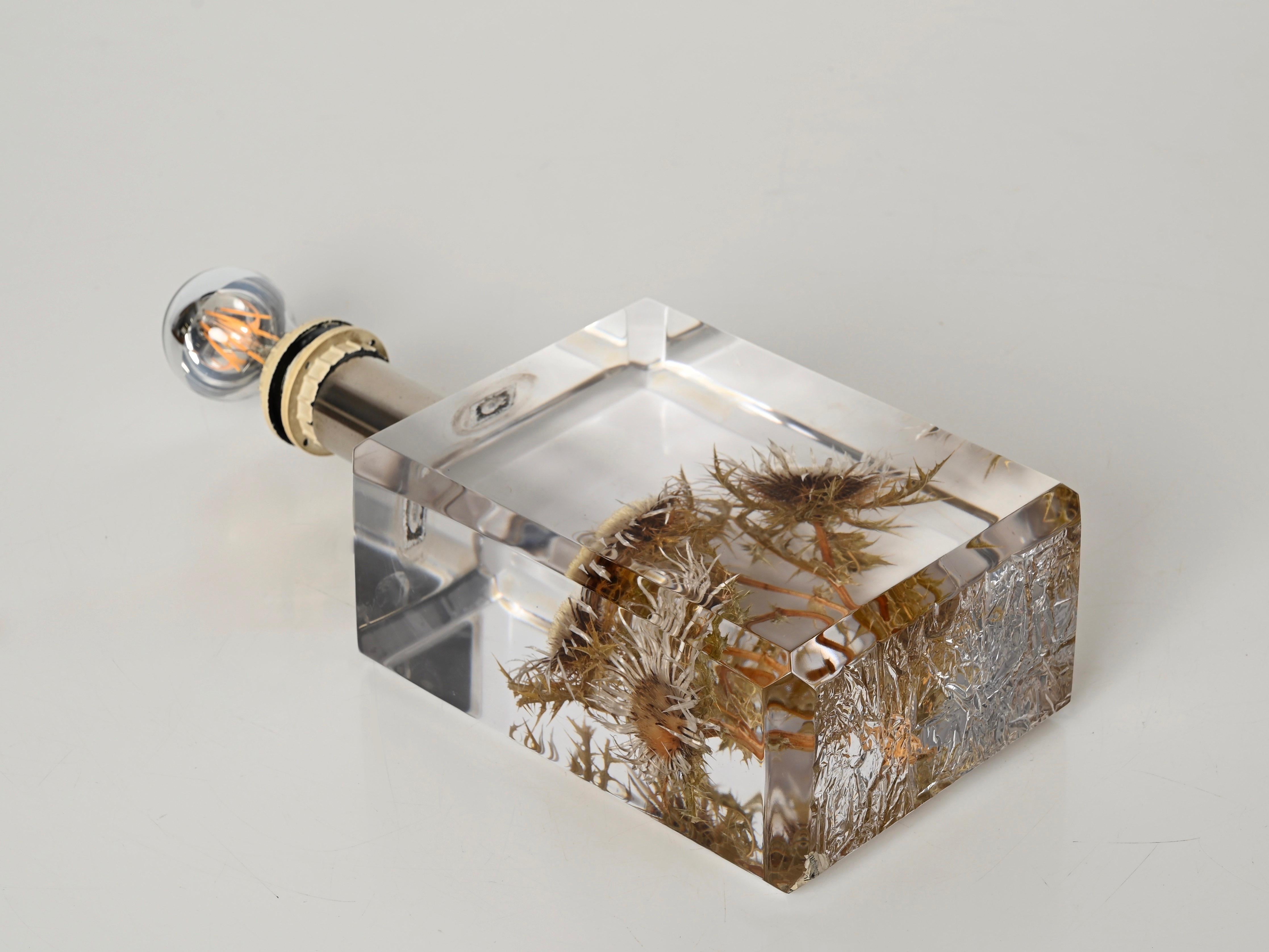 Pierre Giraudon Beveled Lucite with Thistles Table Lamp w/ Silk Shade, 1970s For Sale 12