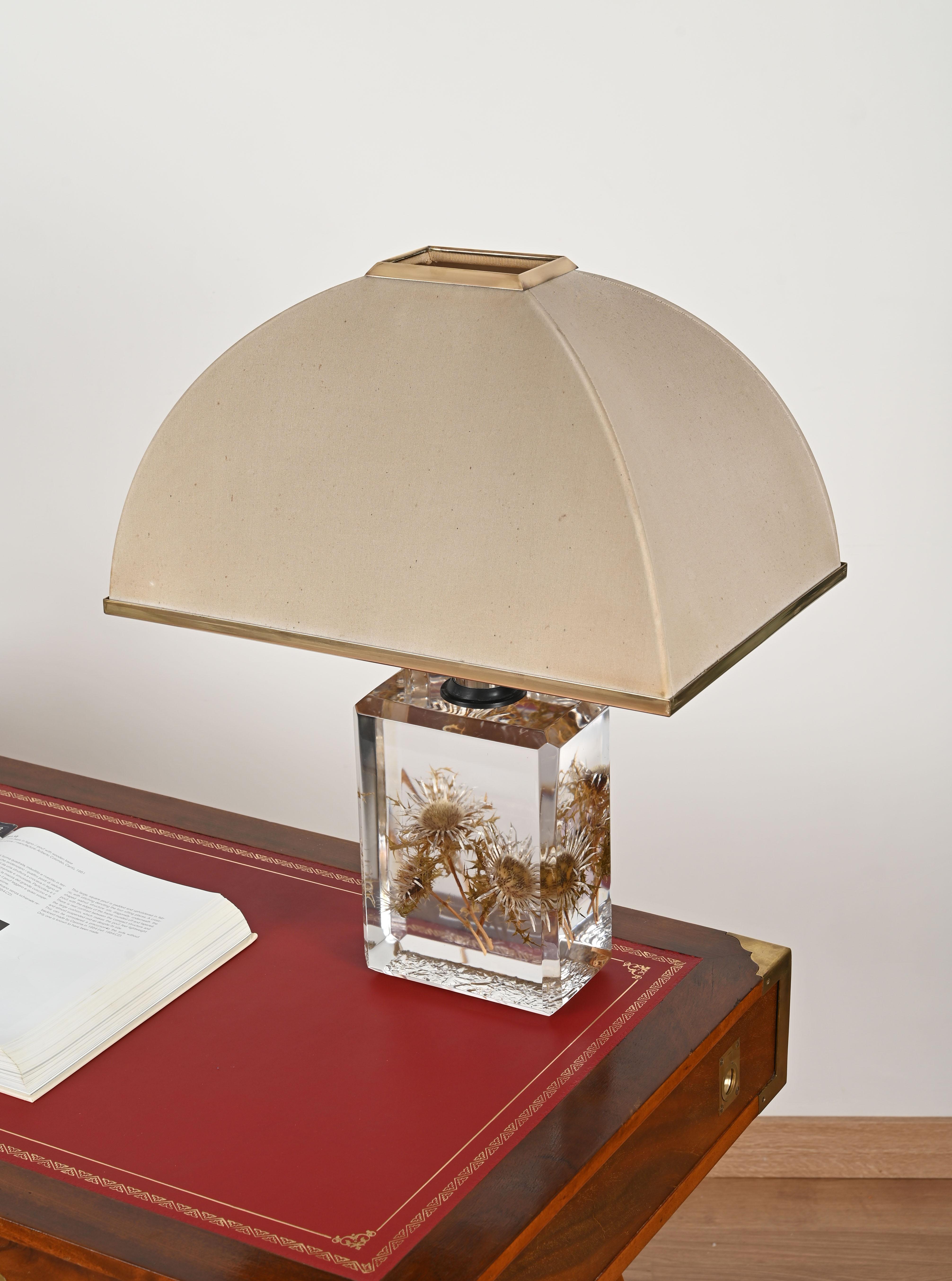 French Pierre Giraudon Beveled Lucite with Thistles Table Lamp w/ Silk Shade, 1970s For Sale