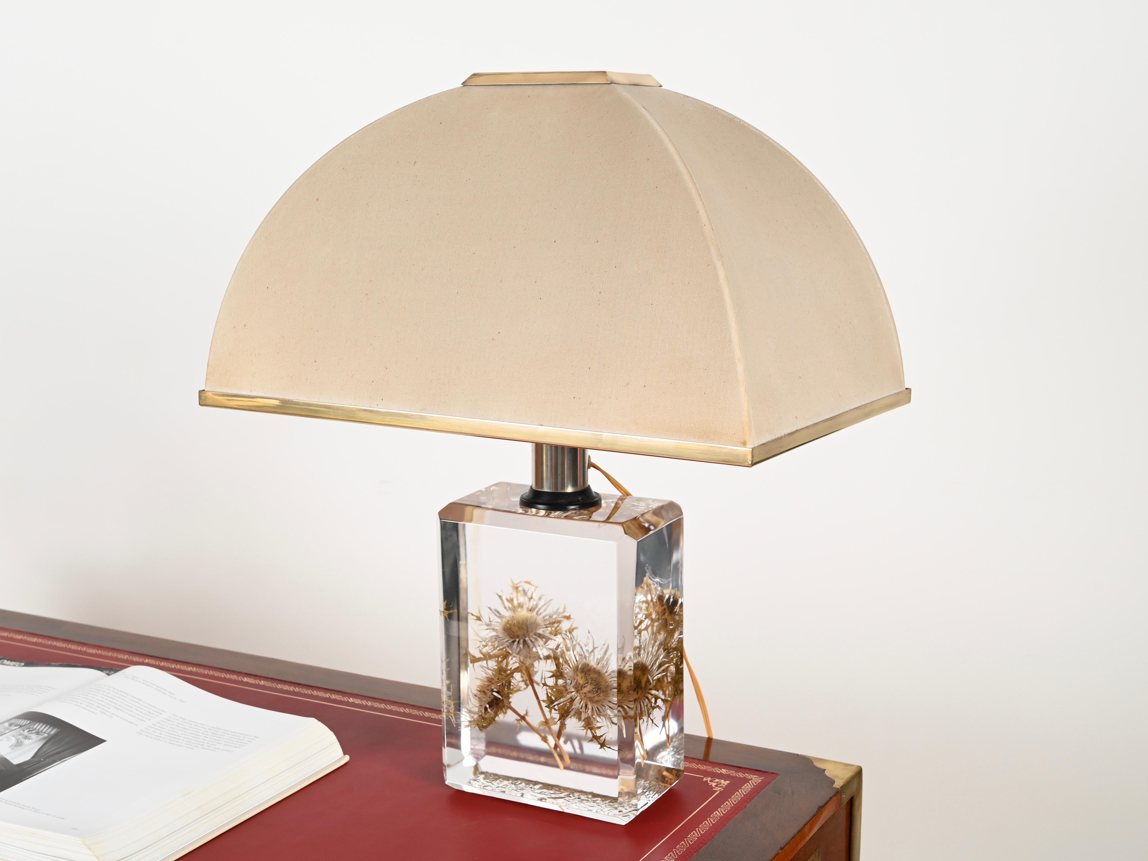 Hand-Crafted Pierre Giraudon Beveled Lucite with Thistles Table Lamp w/ Silk Shade, 1970s For Sale