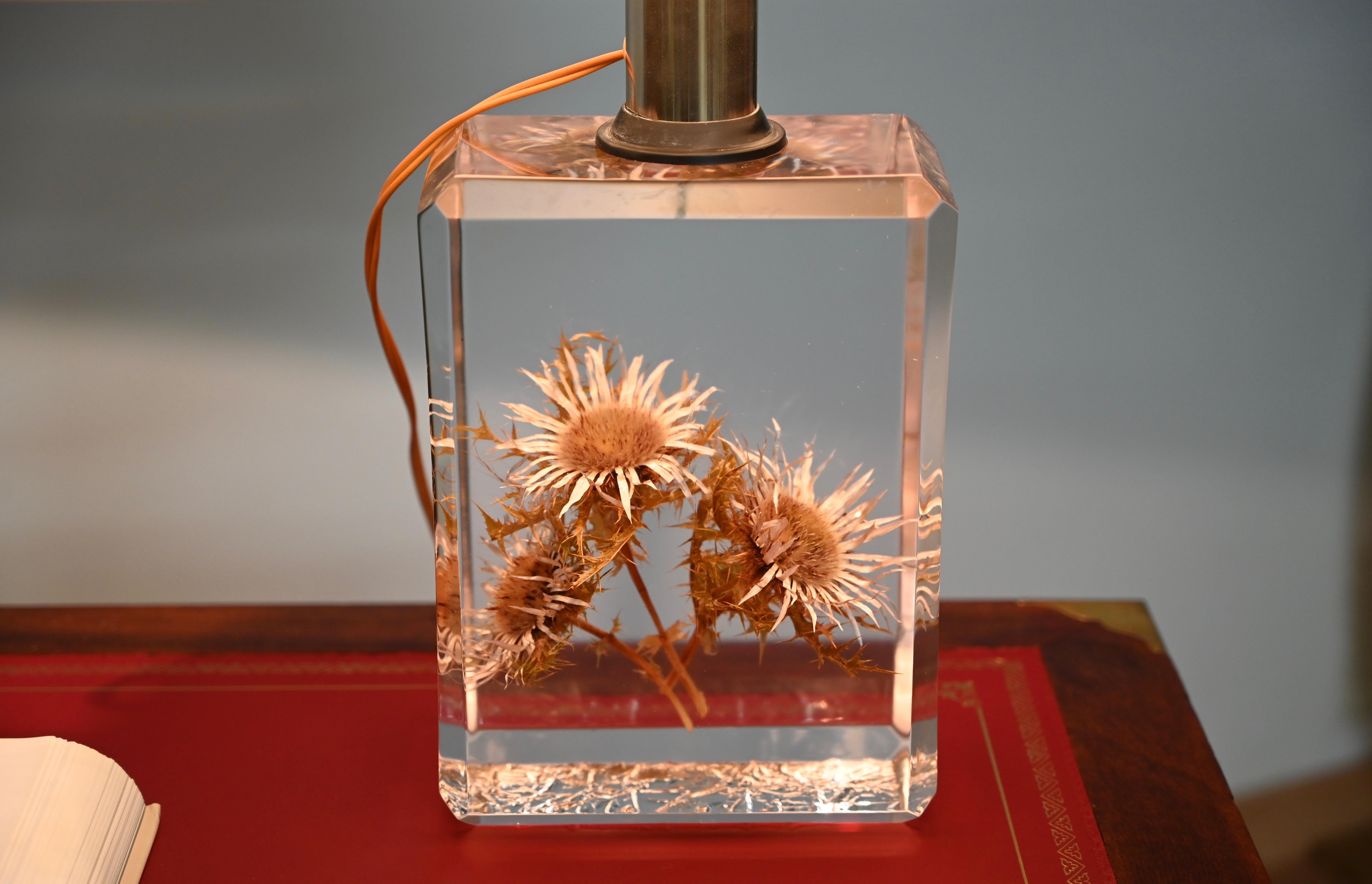 Late 20th Century Pierre Giraudon Beveled Lucite with Thistles Table Lamp w/ Silk Shade, 1970s For Sale