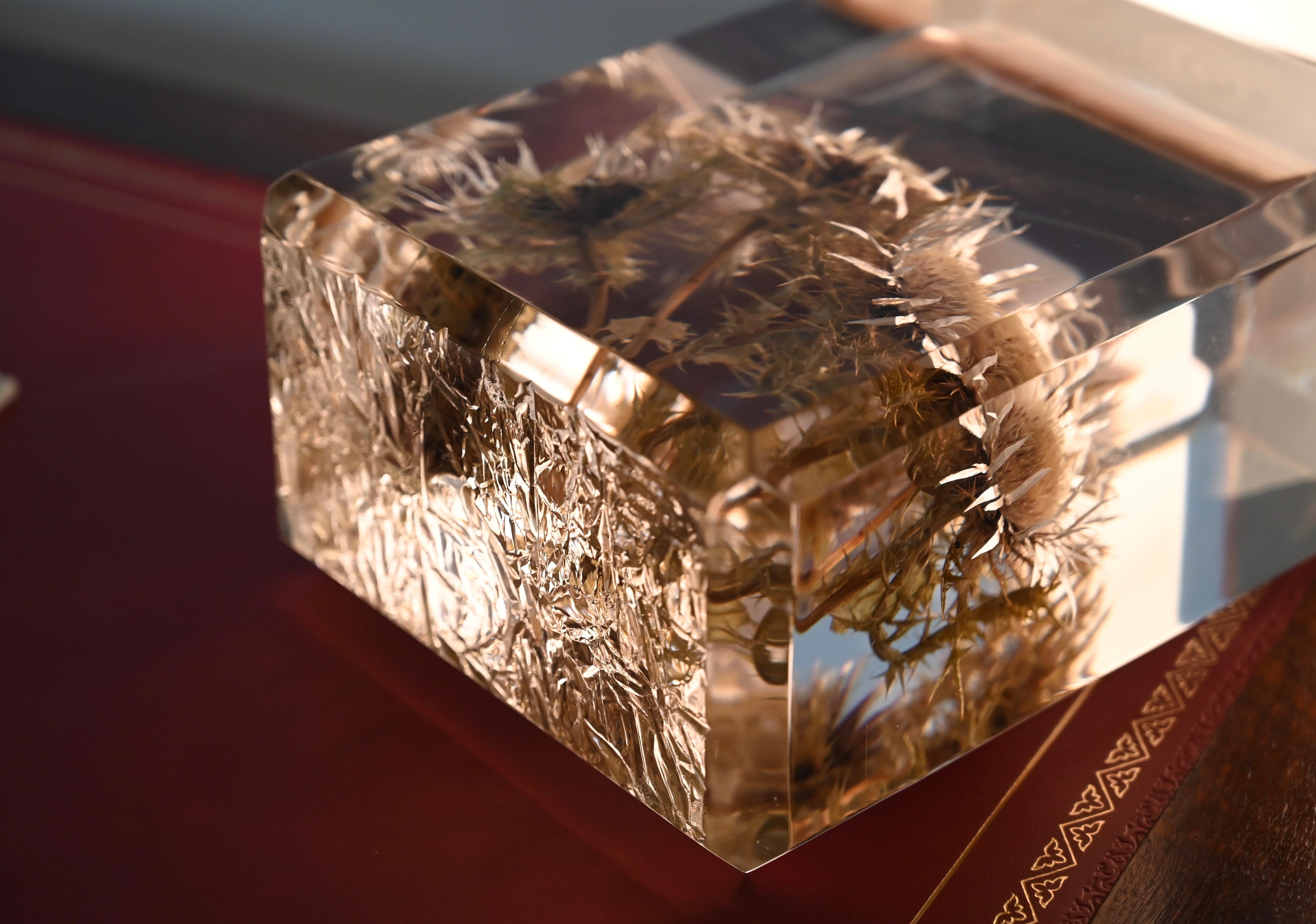 Brass Pierre Giraudon Beveled Lucite with Thistles Table Lamp w/ Silk Shade, 1970s For Sale