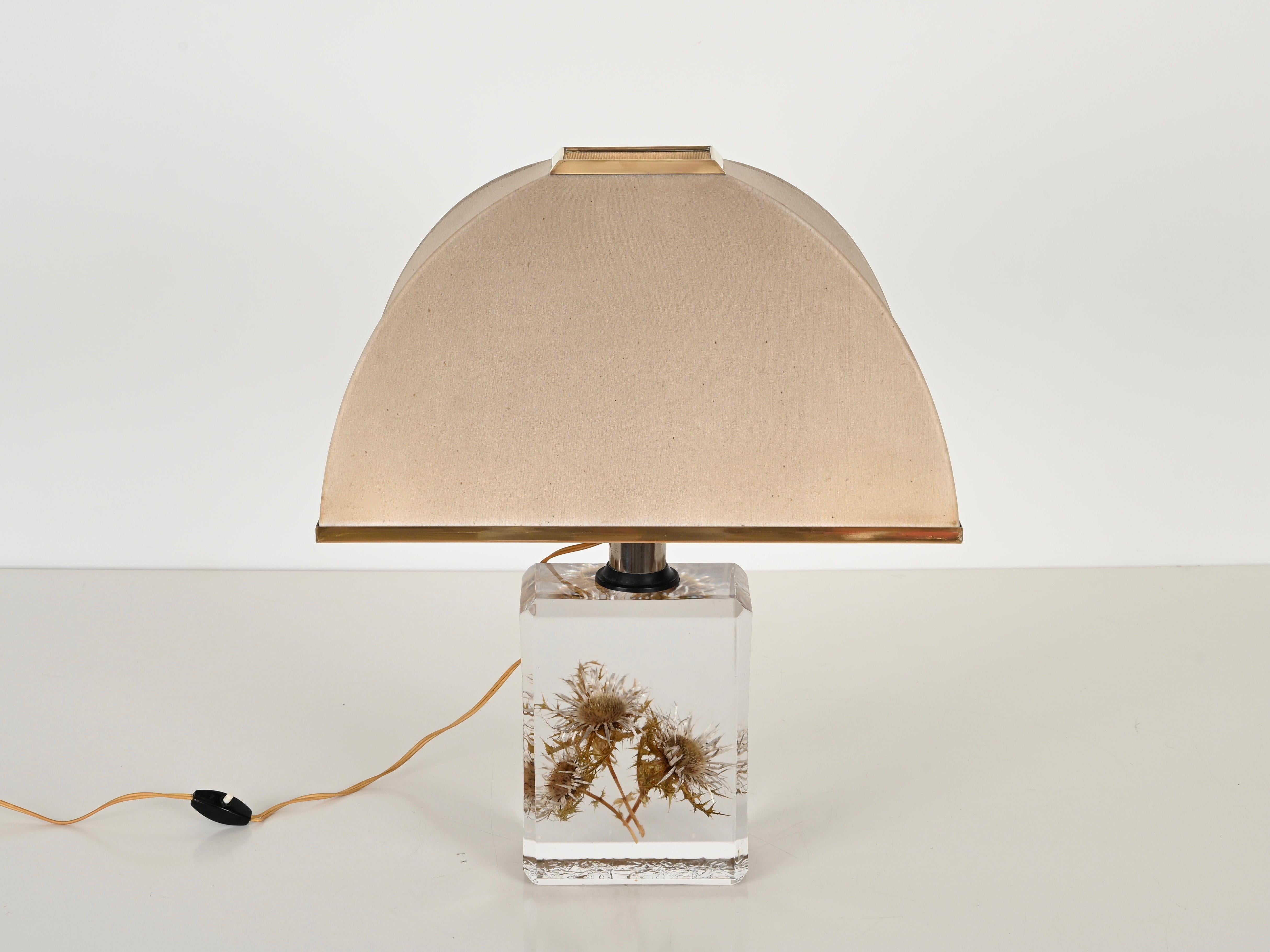 Pierre Giraudon Beveled Lucite with Thistles Table Lamp w/ Silk Shade, 1970s For Sale 1