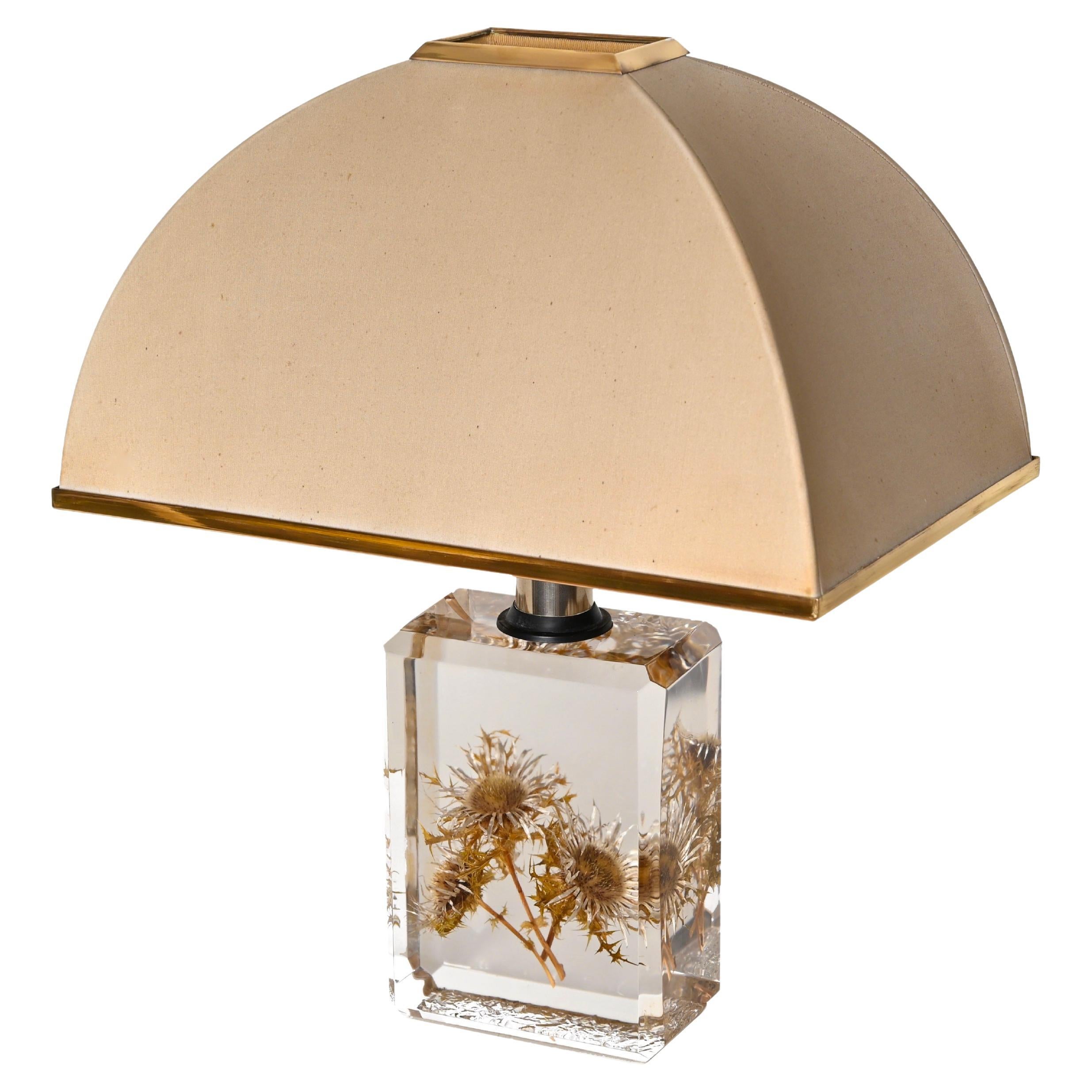 Lampe de bureau Pierre Giraudon en Lucite biseautée avec chardons avec abat-jour en soie, 1970